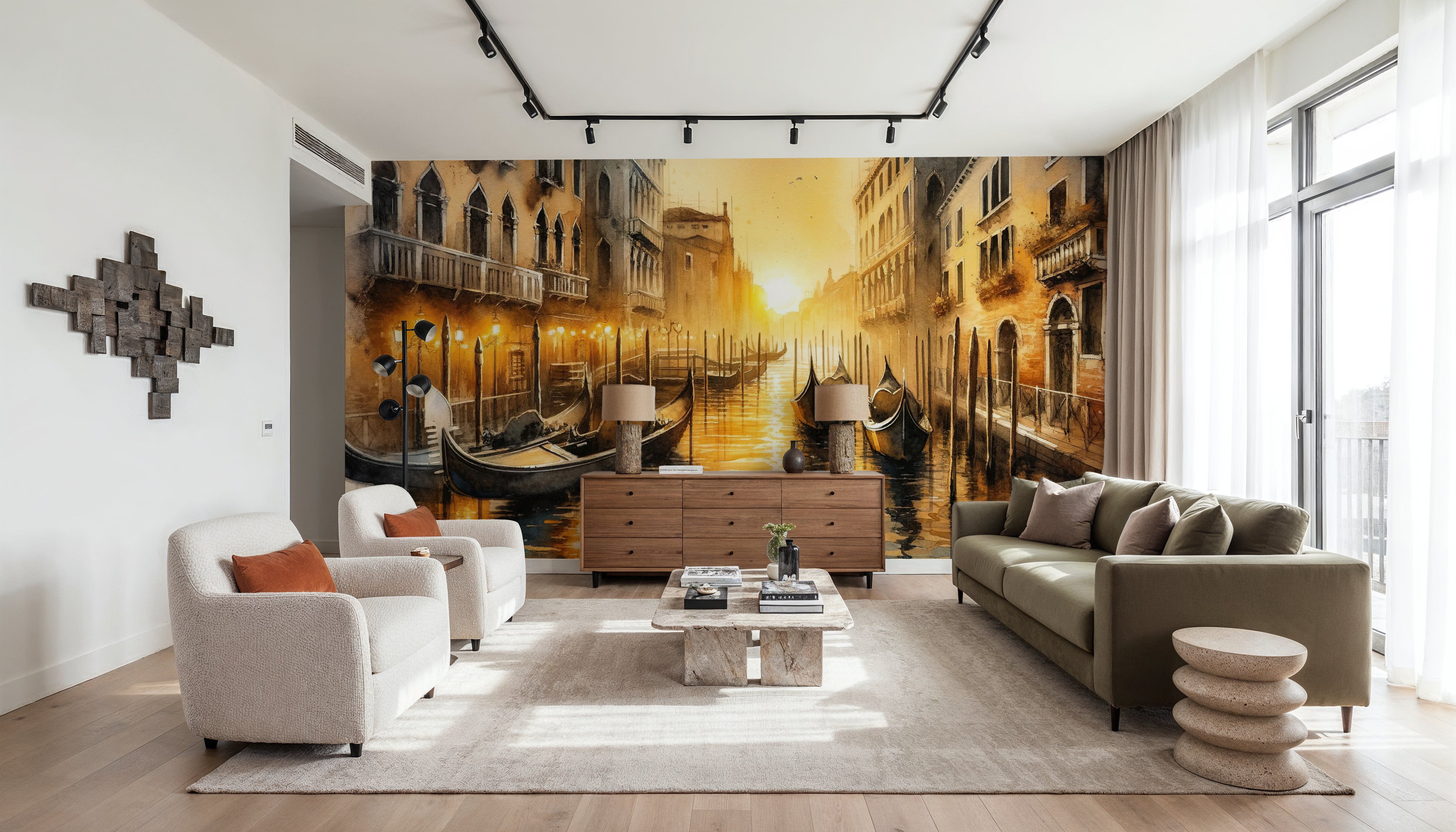 Sunset Over Venetian Canals with Gondolas