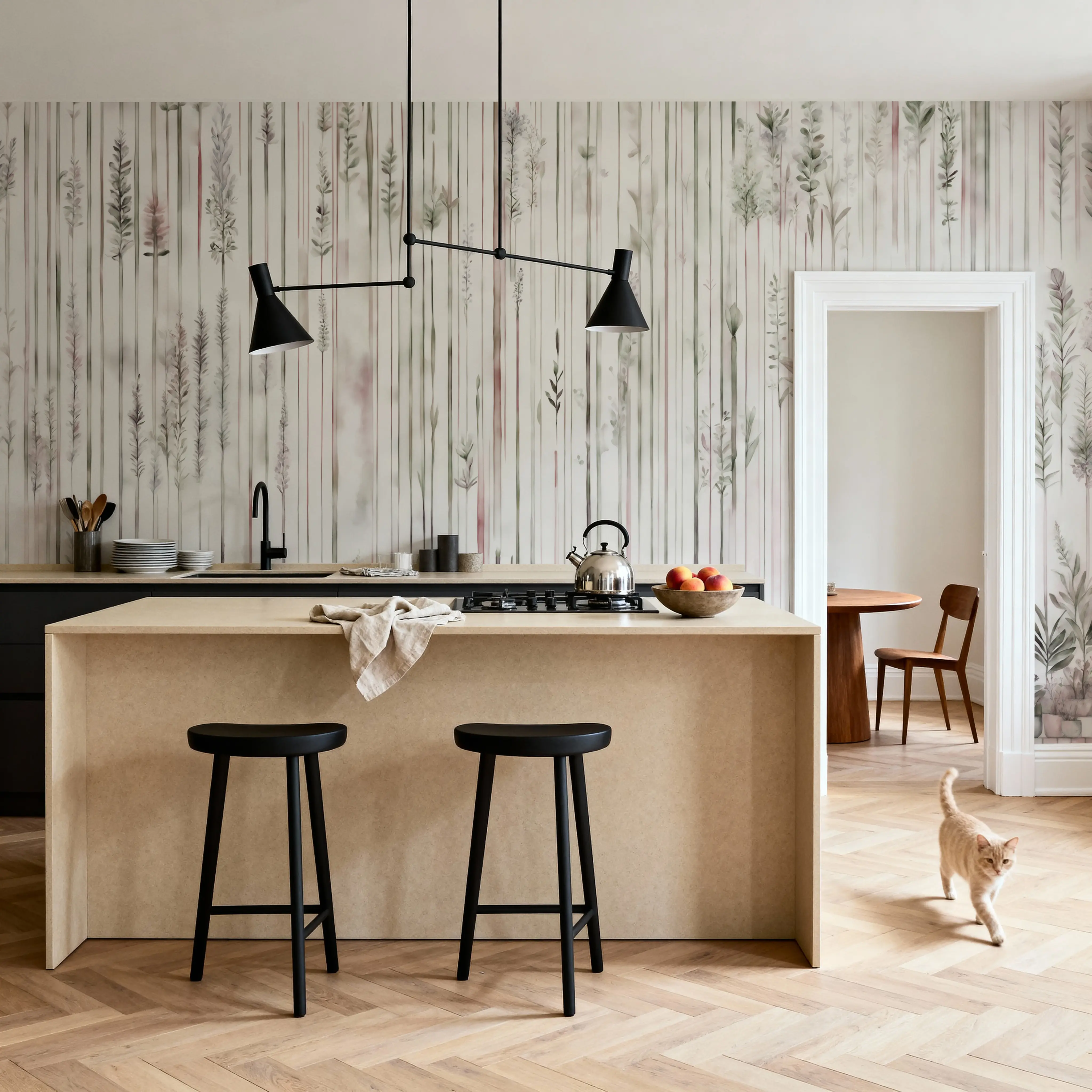 Papier Peint Panoramique - Charming Garden Winter - Feuillage Rayures - Blanc - Couloir et escaliers - Wallism Belgique