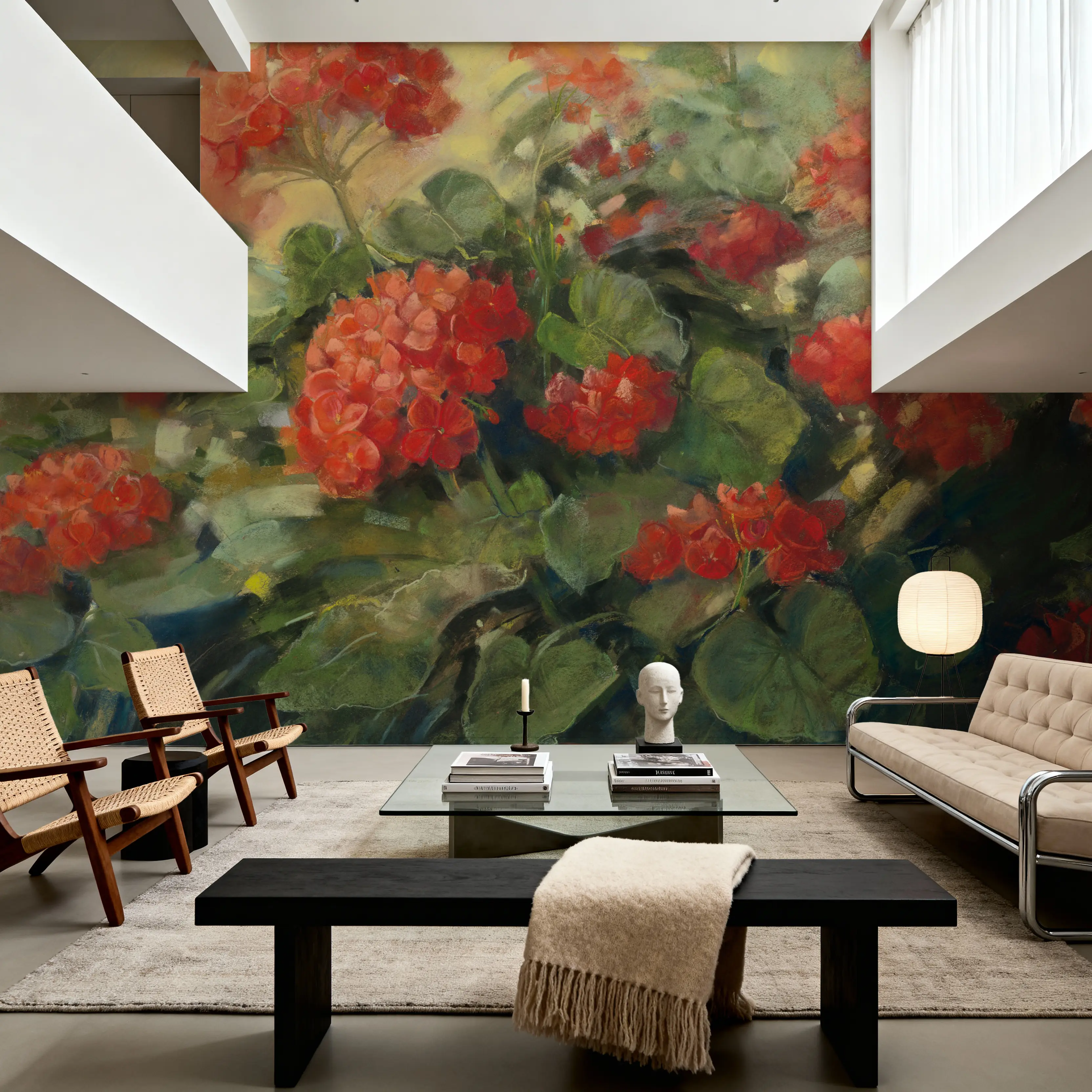 Papier Peint Panoramique - Geranium Wave Cream - Floral Loisirs - Rouge - Bureaux - Wallism France - Encollage au mur ou Autocollant