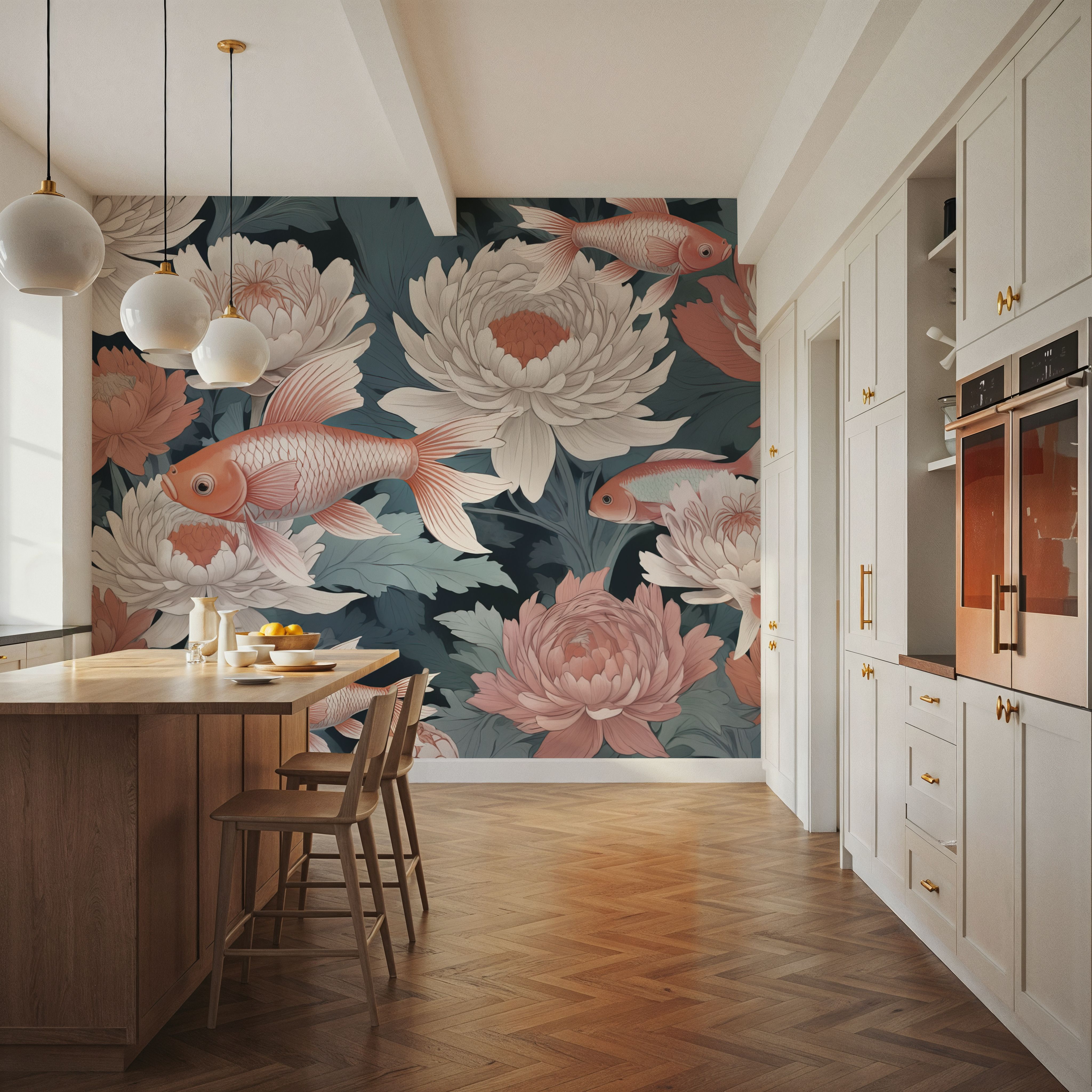 Dancing Fish, Peach on Teal