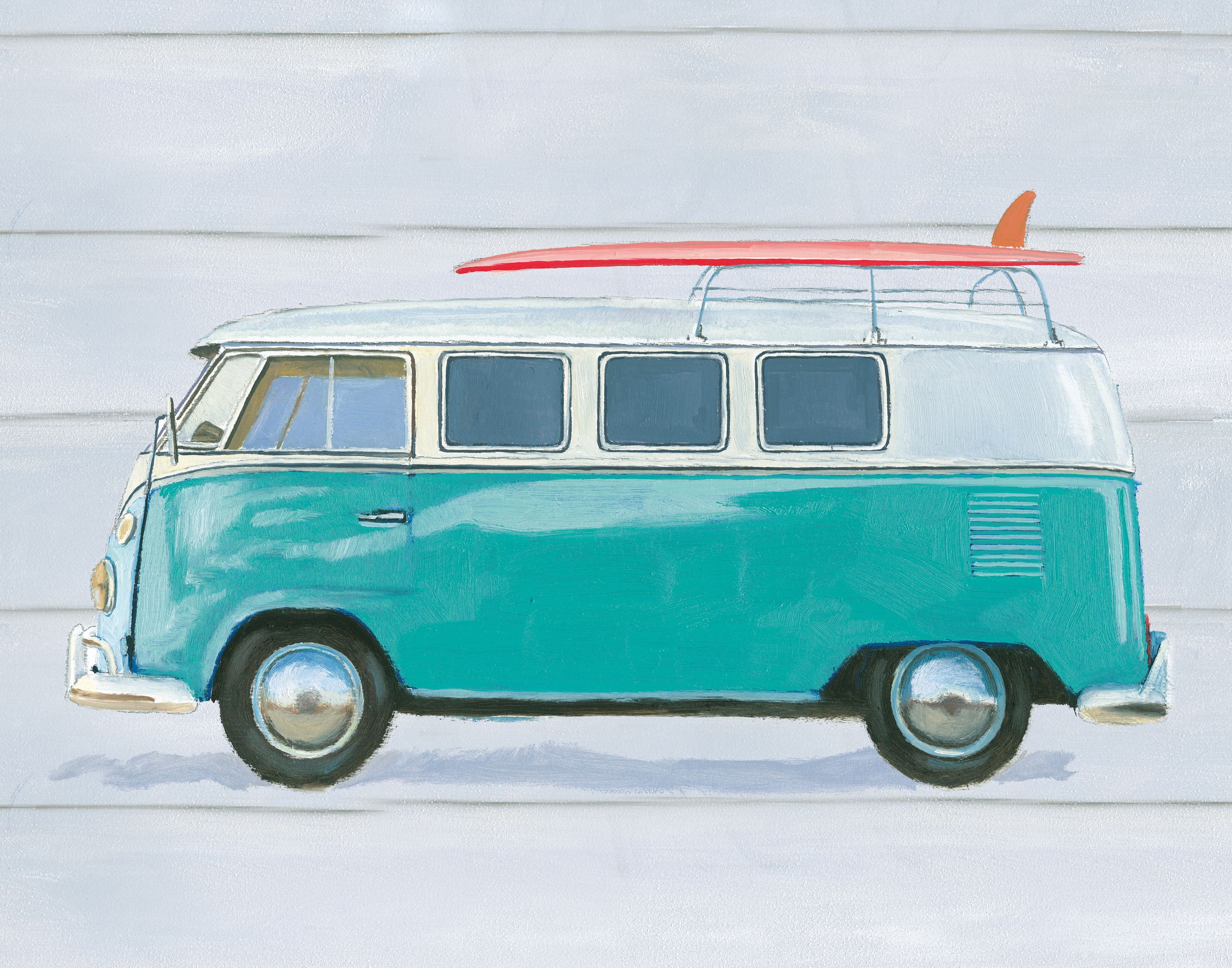 Turquoise and white retro volkswagen van with a surf board on top
