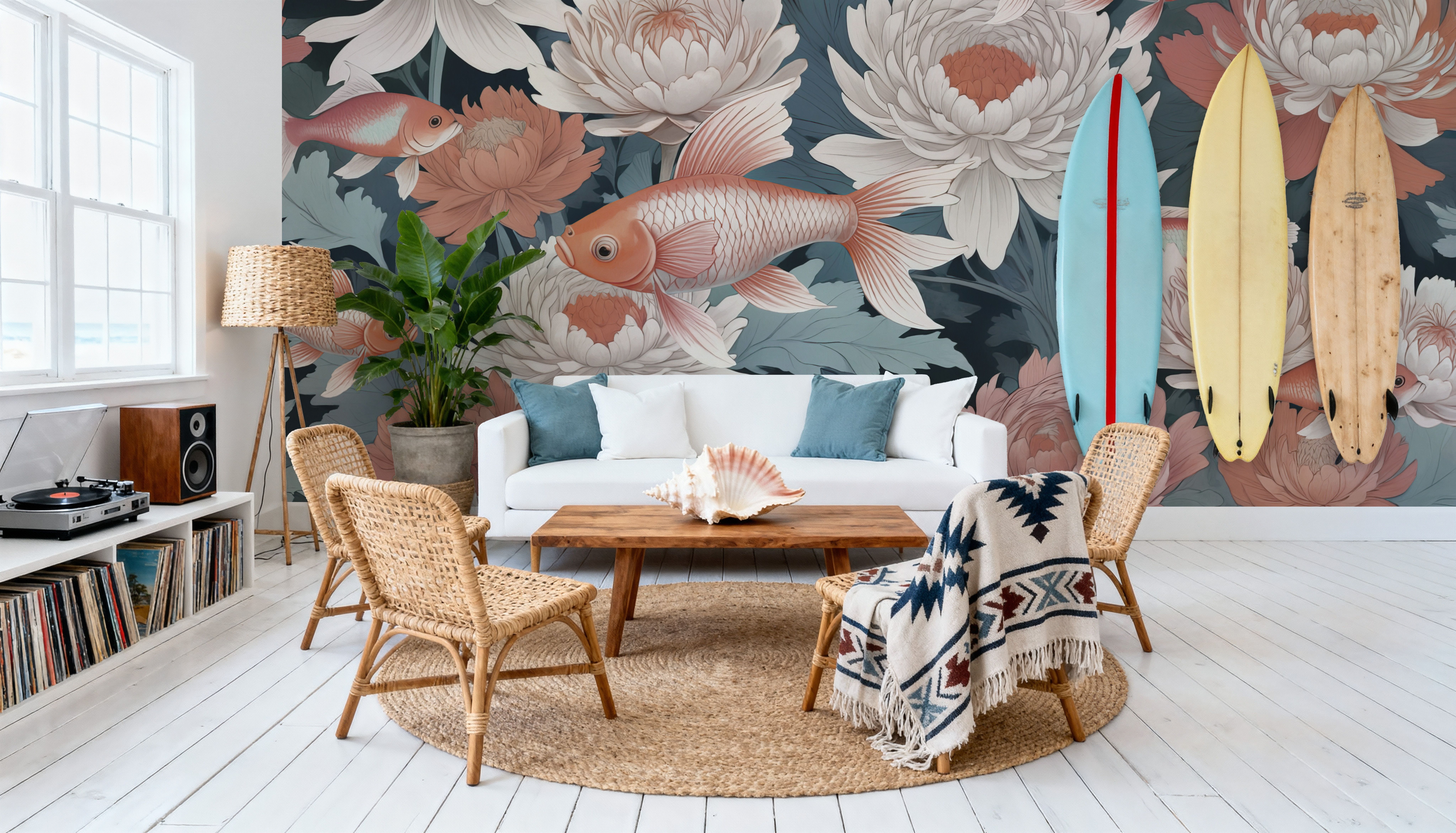 Dancing Fish, Peach on Teal, Wallpaper