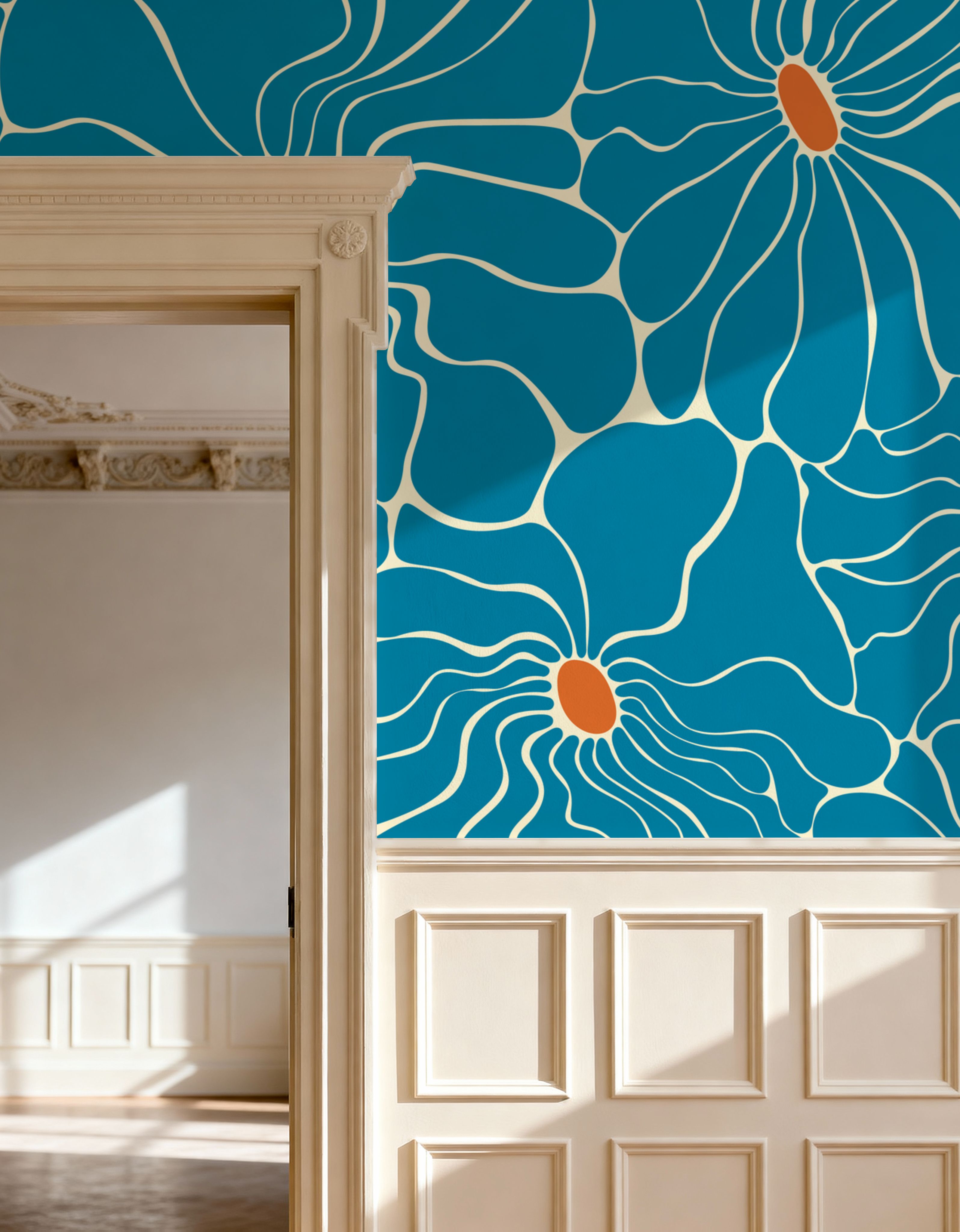 Cool Fluid Flowers Mural, Turqouise
