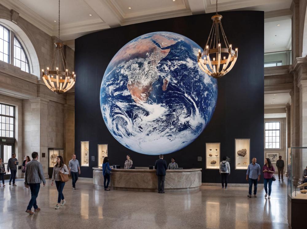 an interior photo of the entrance hall at a natural history museum. on the prominent wall there is a wallpaper mural of planet earth