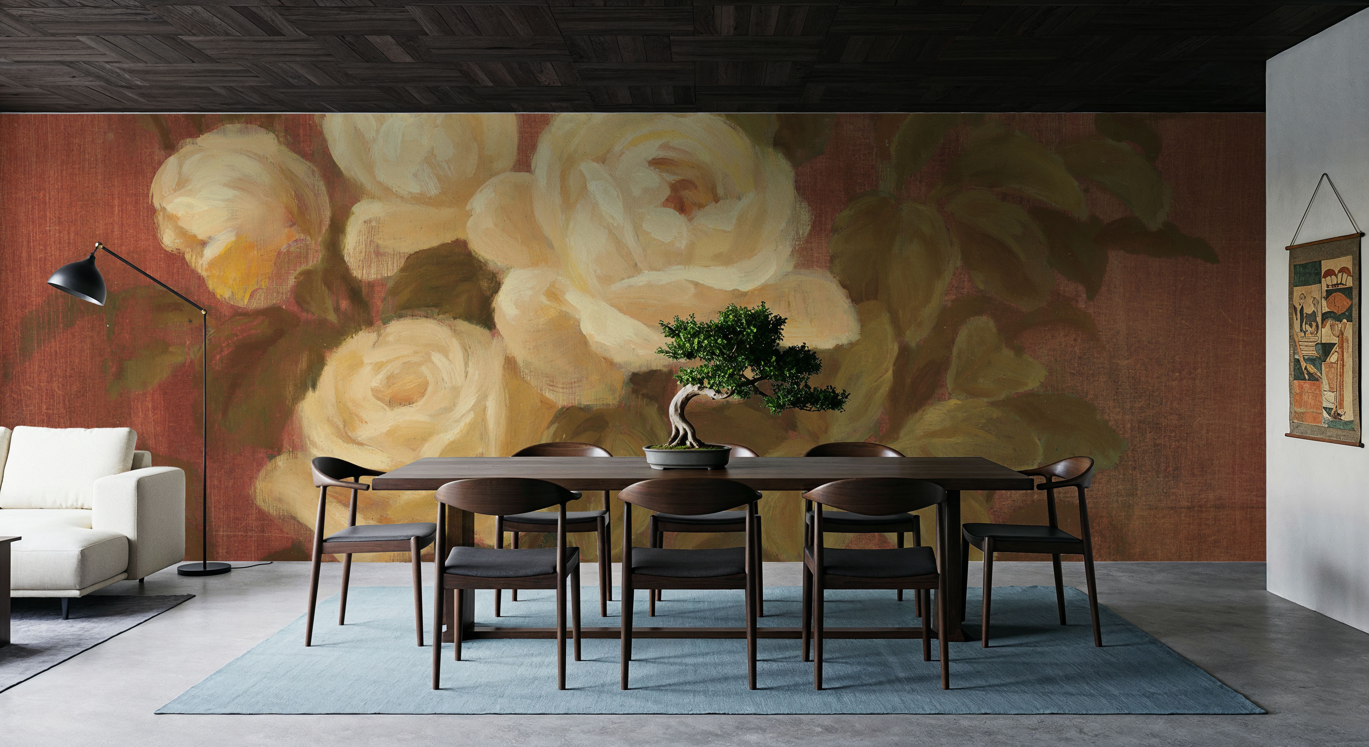 Peach Roses on Red, Wallpaper