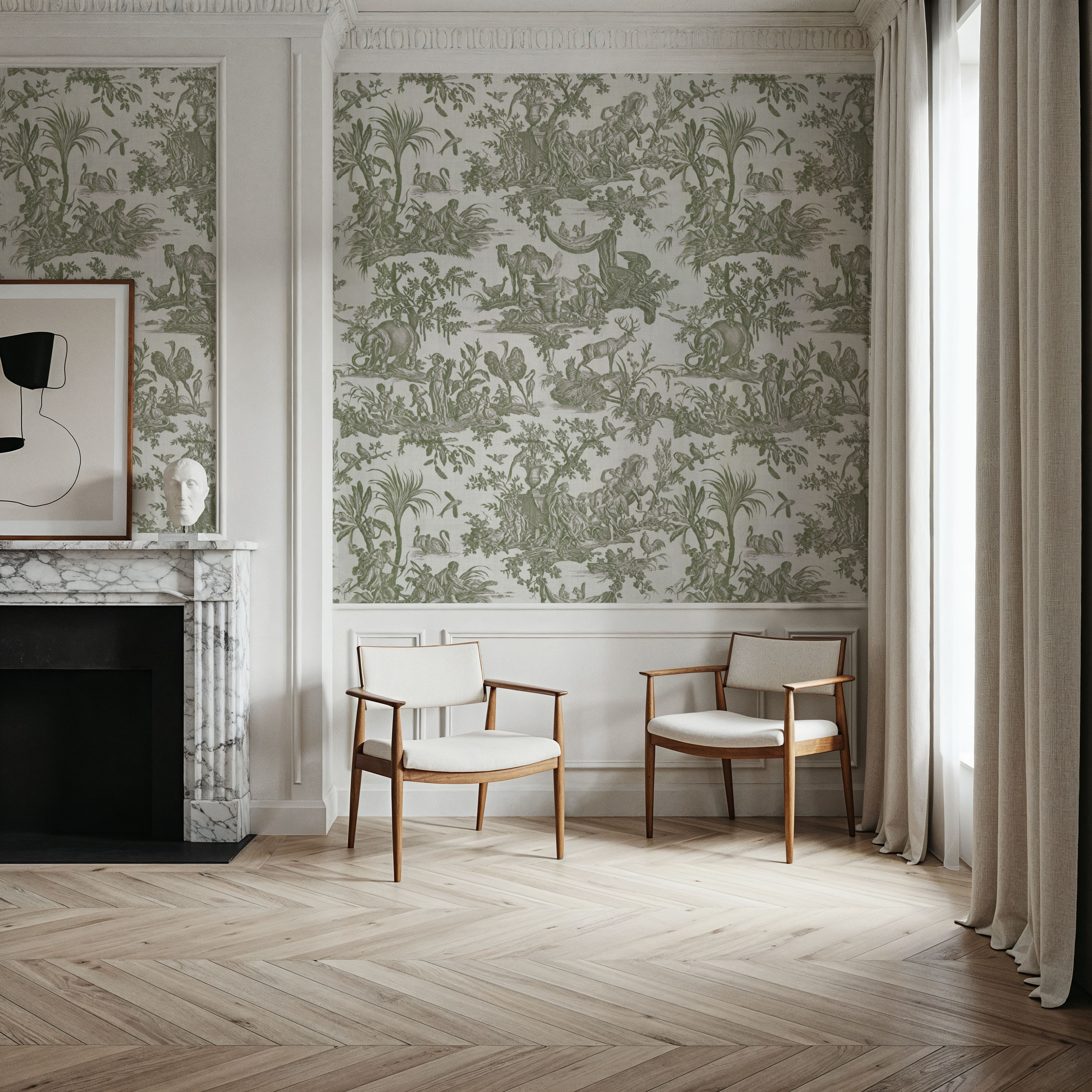 Patinated Linen Toile de Jouy, Olive