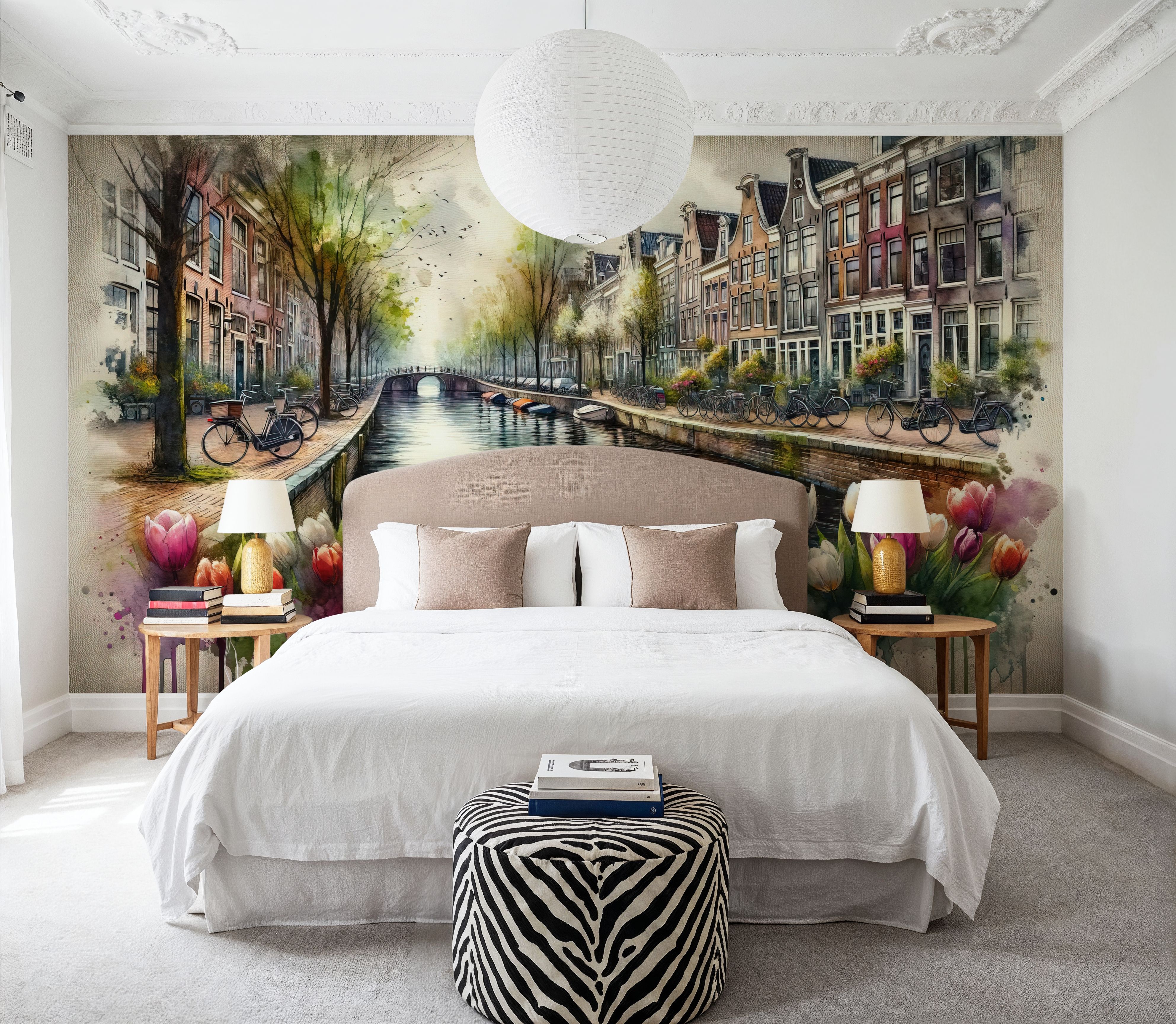 Watercolor Canal Scene Dutch Houses, Tapeten