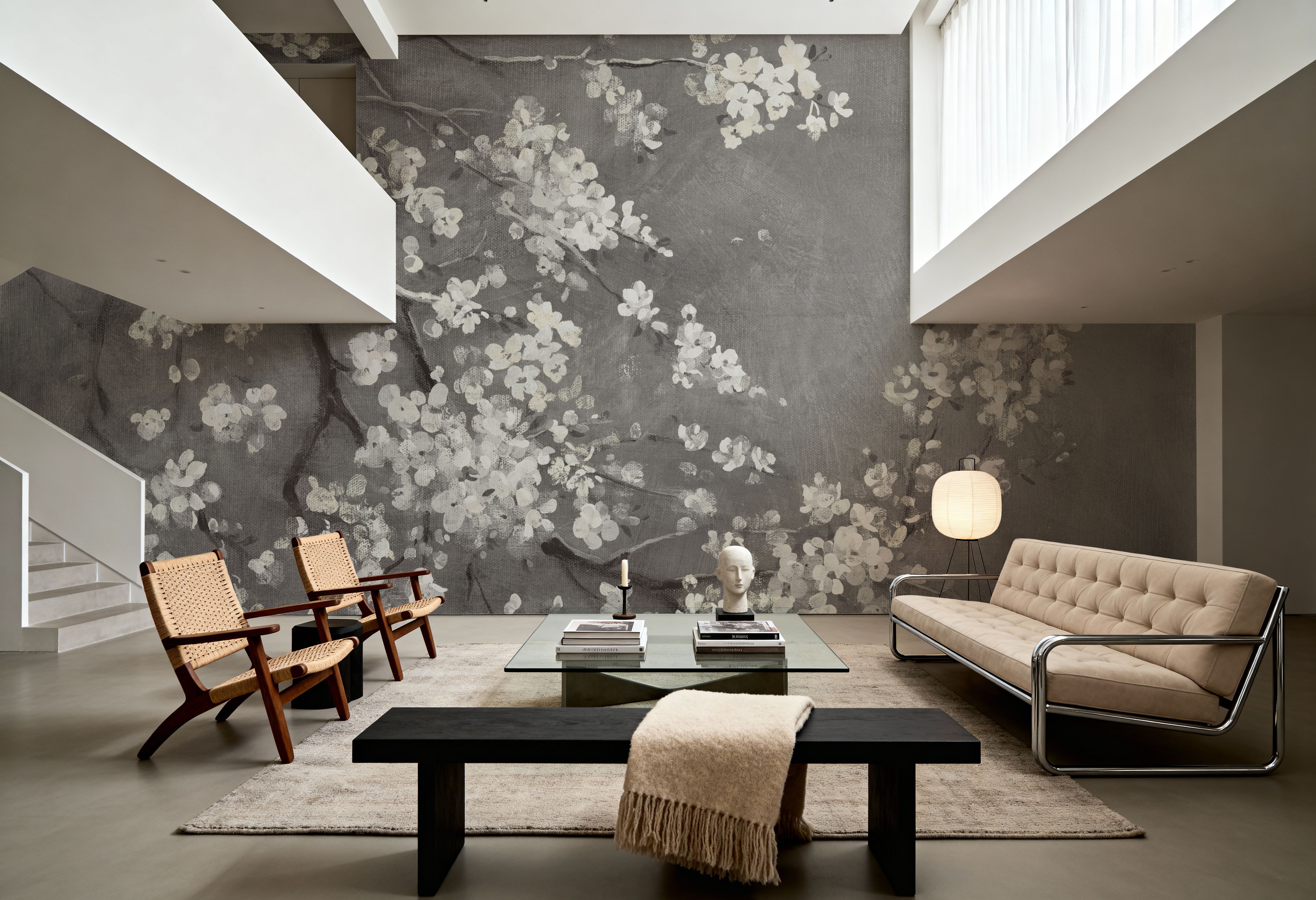 White Cherry Blossoms I on Grey, Wallpaper