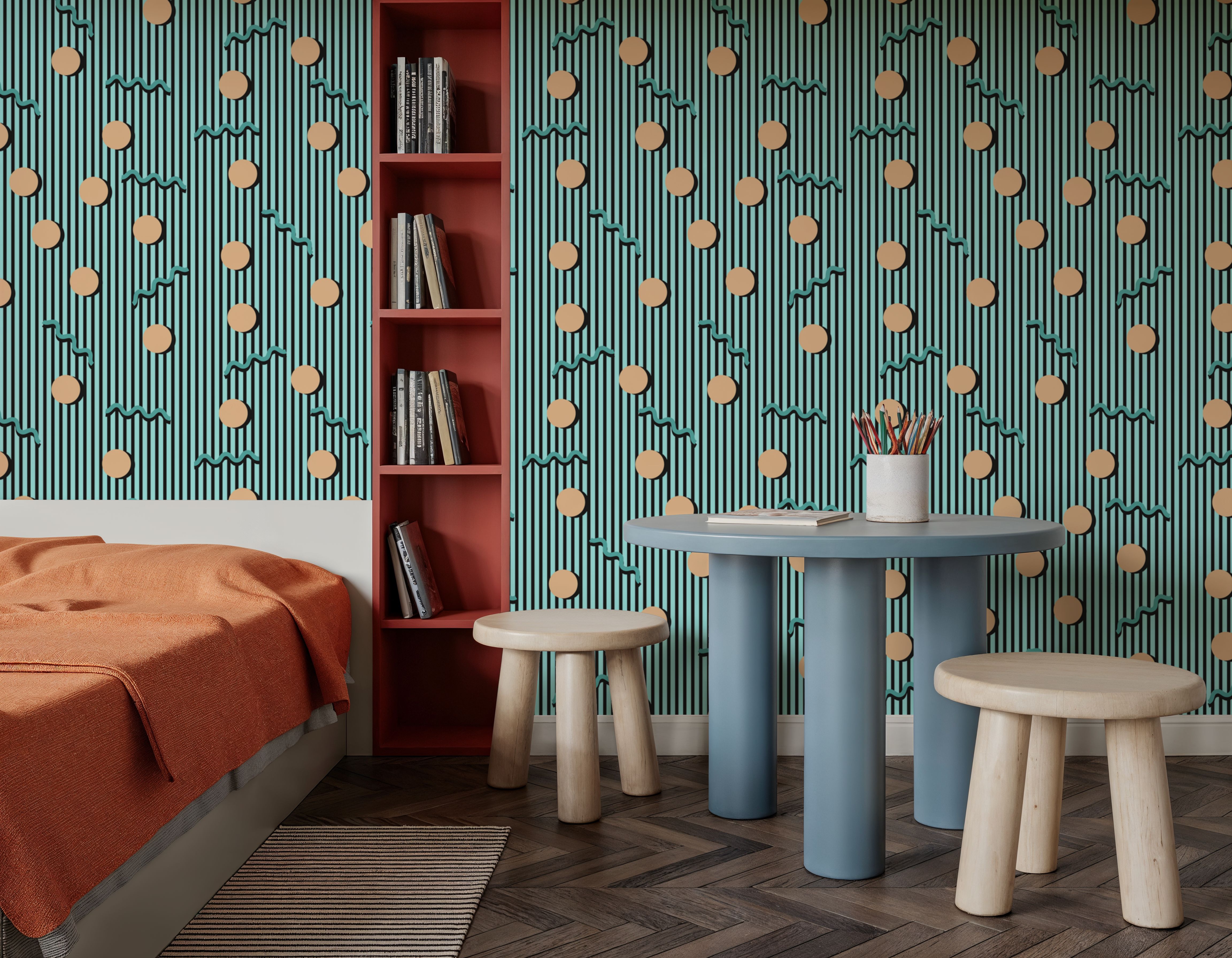 Memphis Dots & Stripes, Cyan
