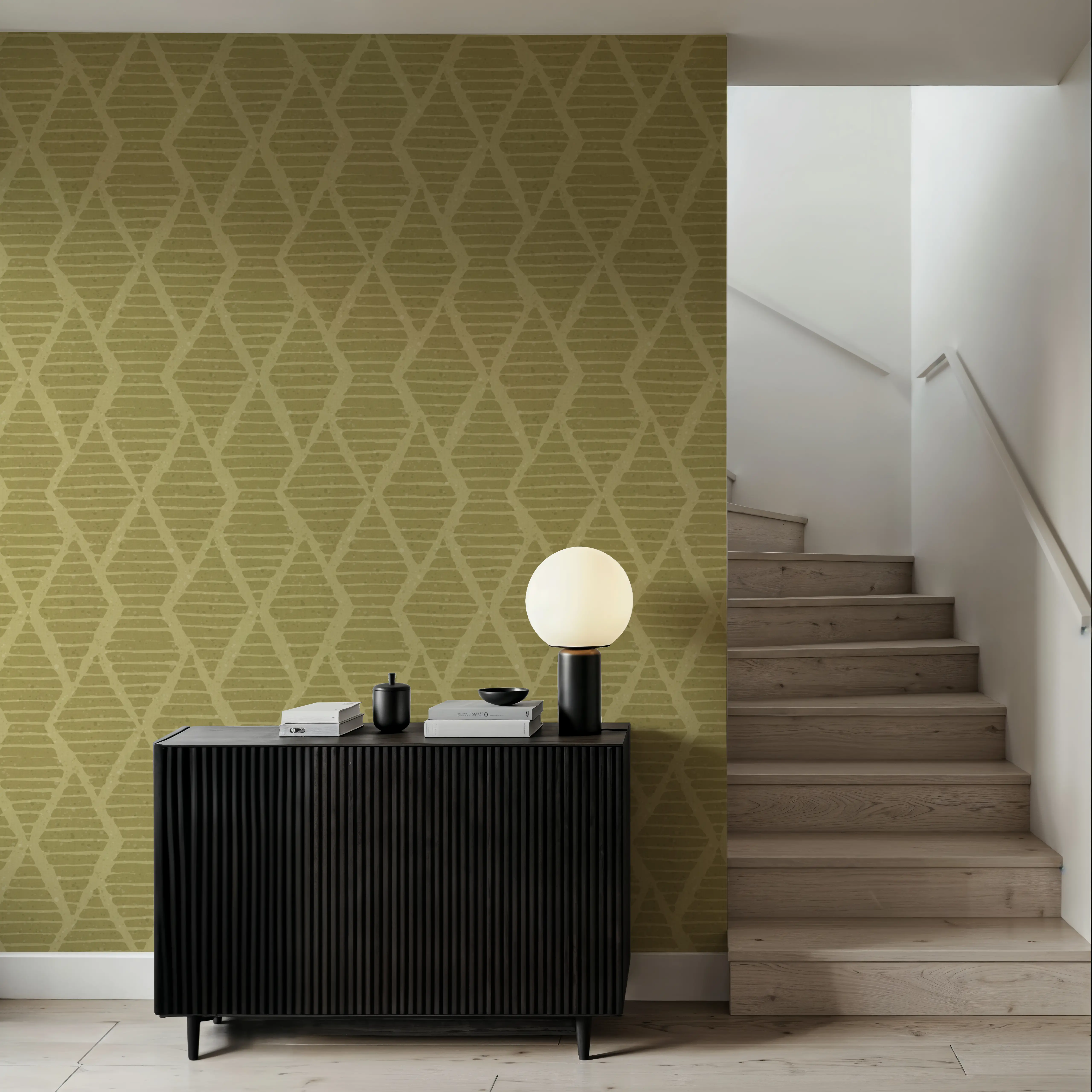 Behang - Harvest Time Swamp Green - Diamanten Driehoeken - Groen - Eetkamer - Wallism België - Zelfklevend of Vliesbehang