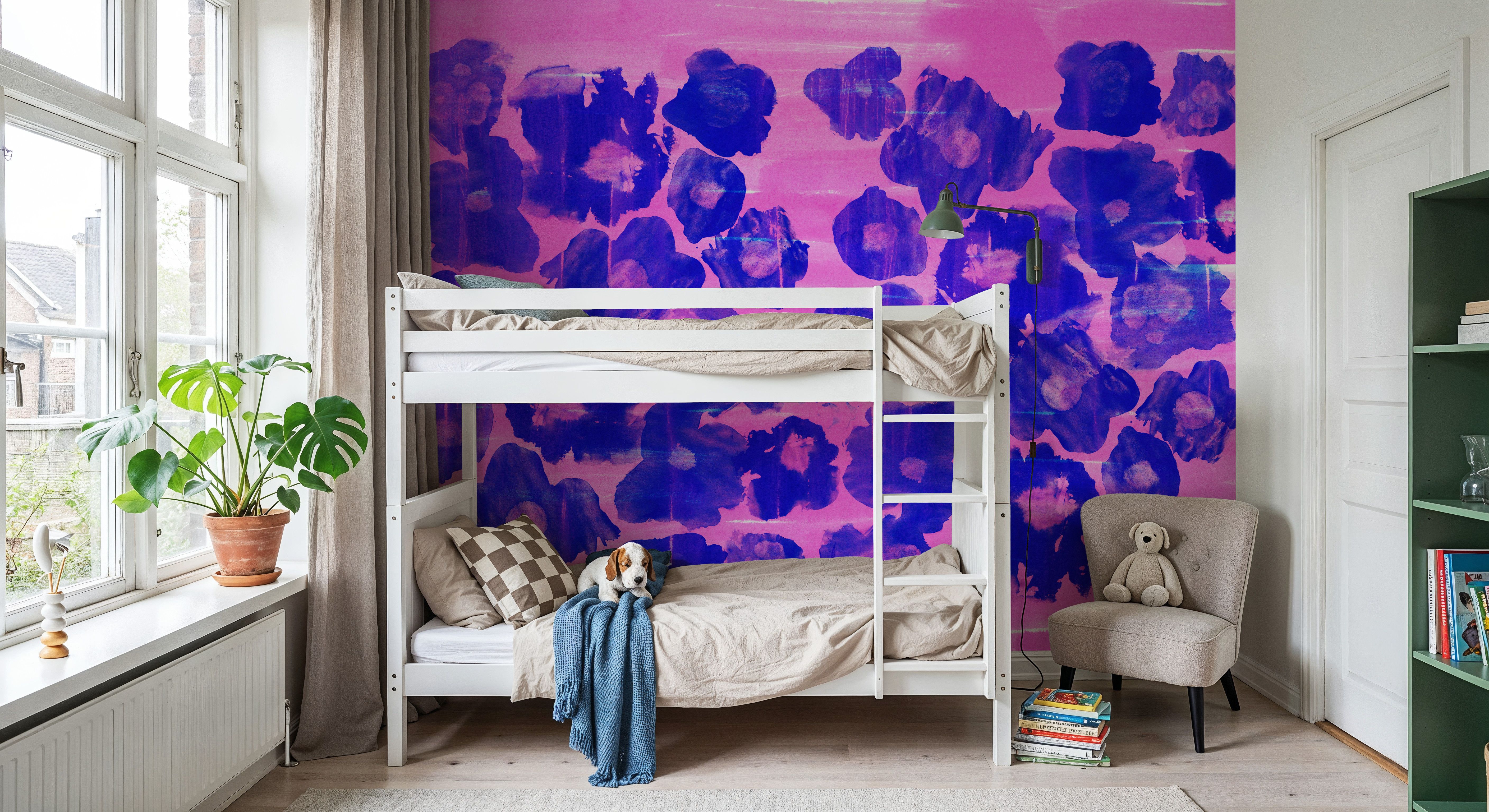 Flower Poufs, Indigo on Pink, Wallpaper