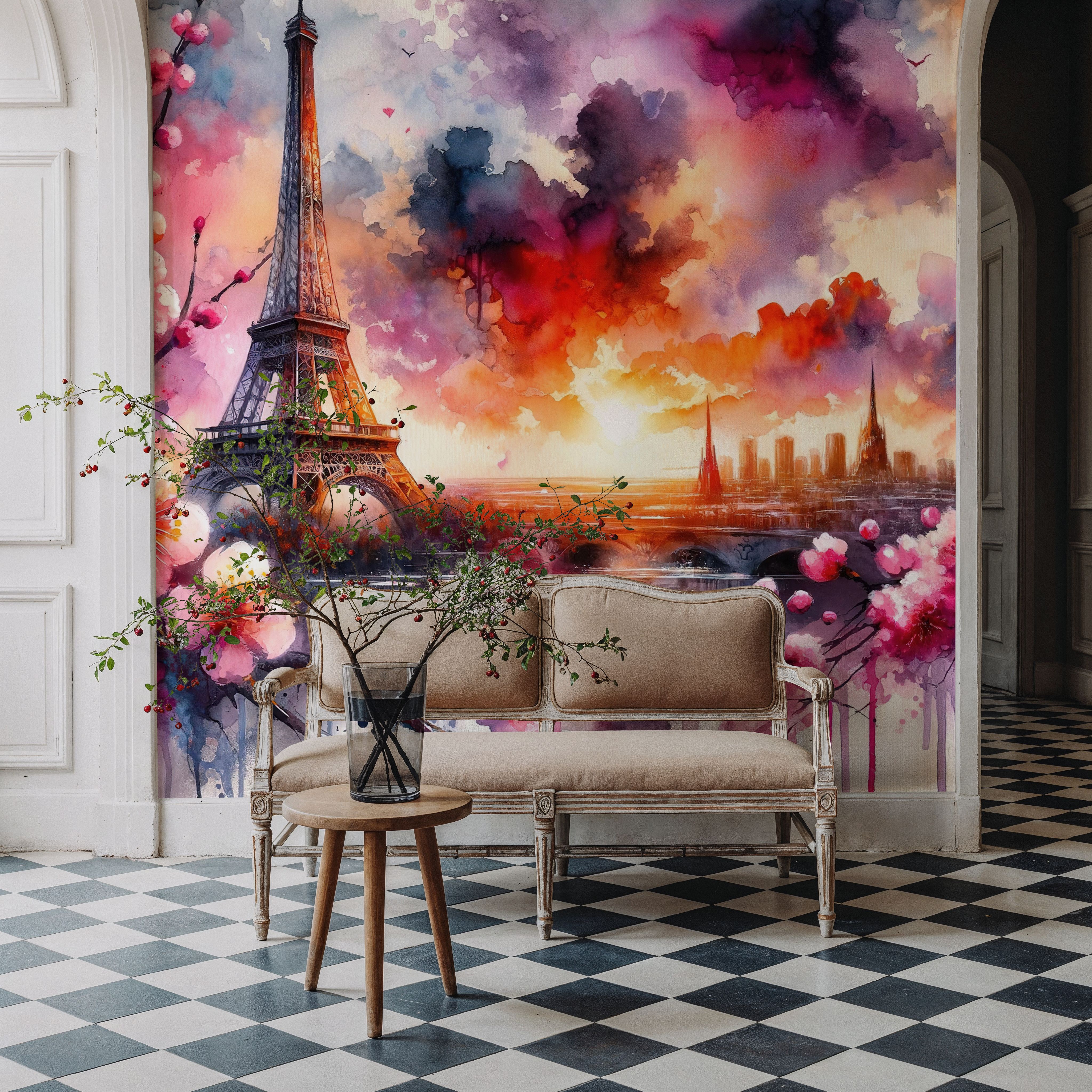 Watercolor Floral Paris Eiffel Tower