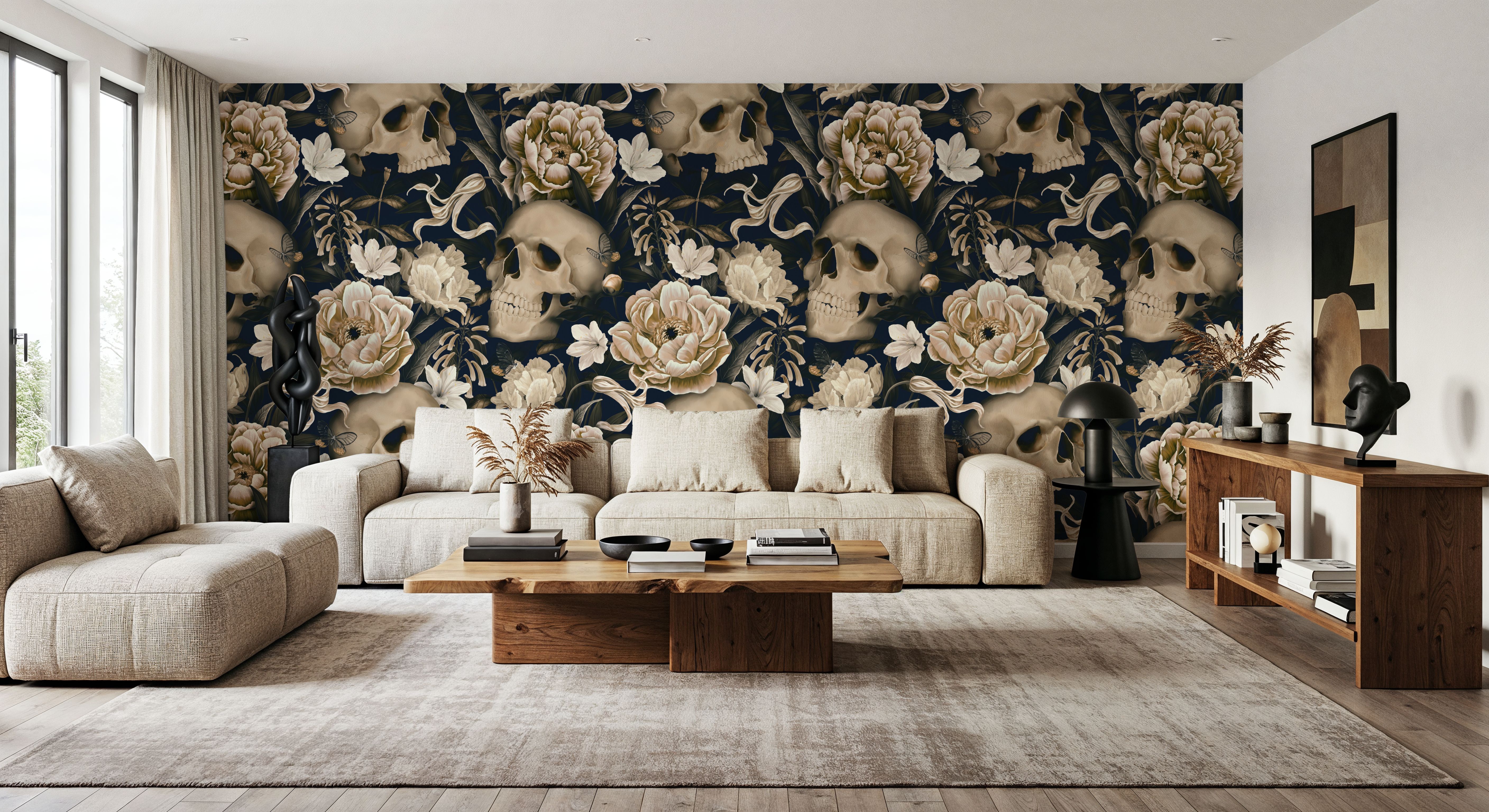 Peonies and Skulls Dark Blue