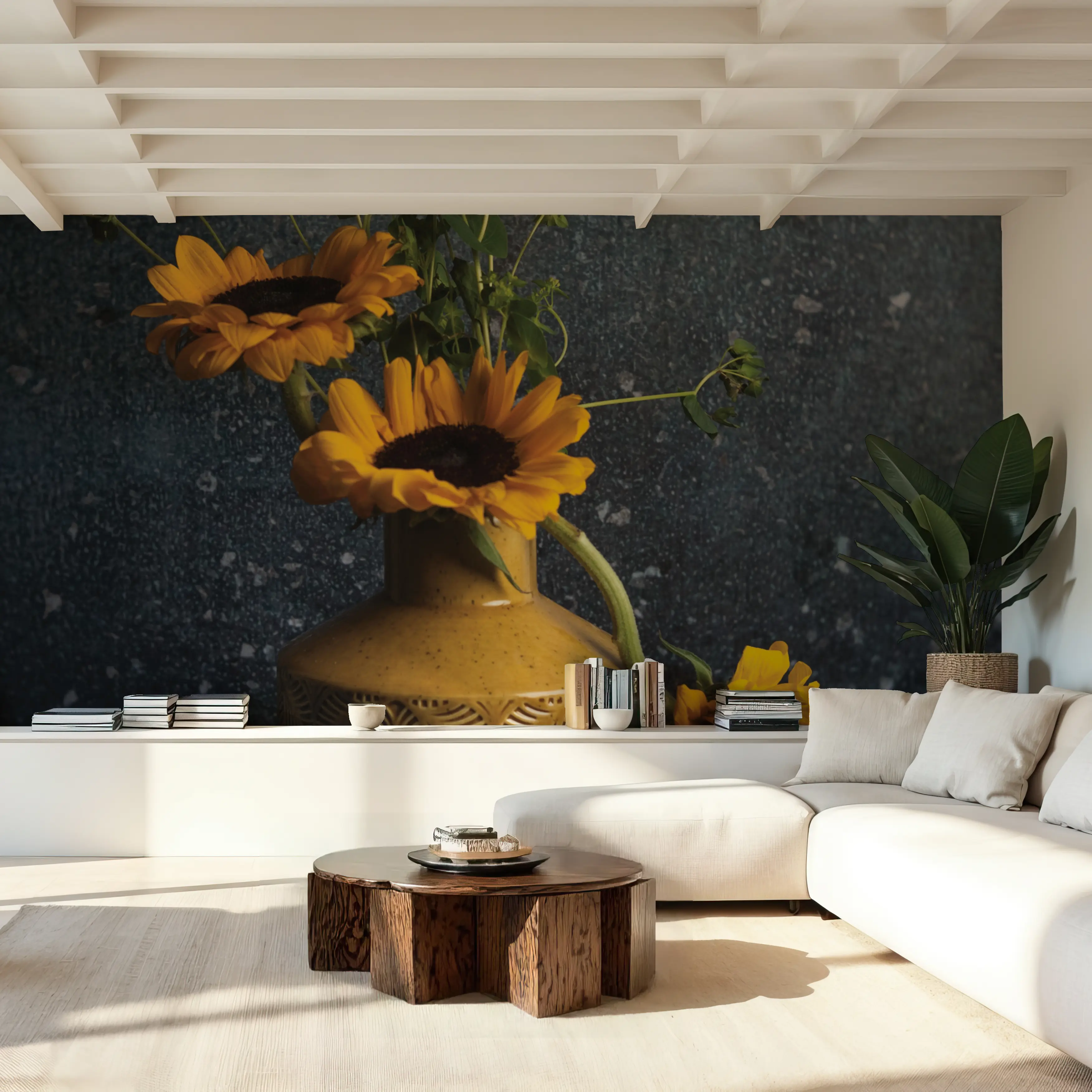 Fotobehang - Sunflower Still Life - Beton Natuur Mural - Geel - Eetkamer - Wallism Nederland - Zelfklevend of Vliesbehang