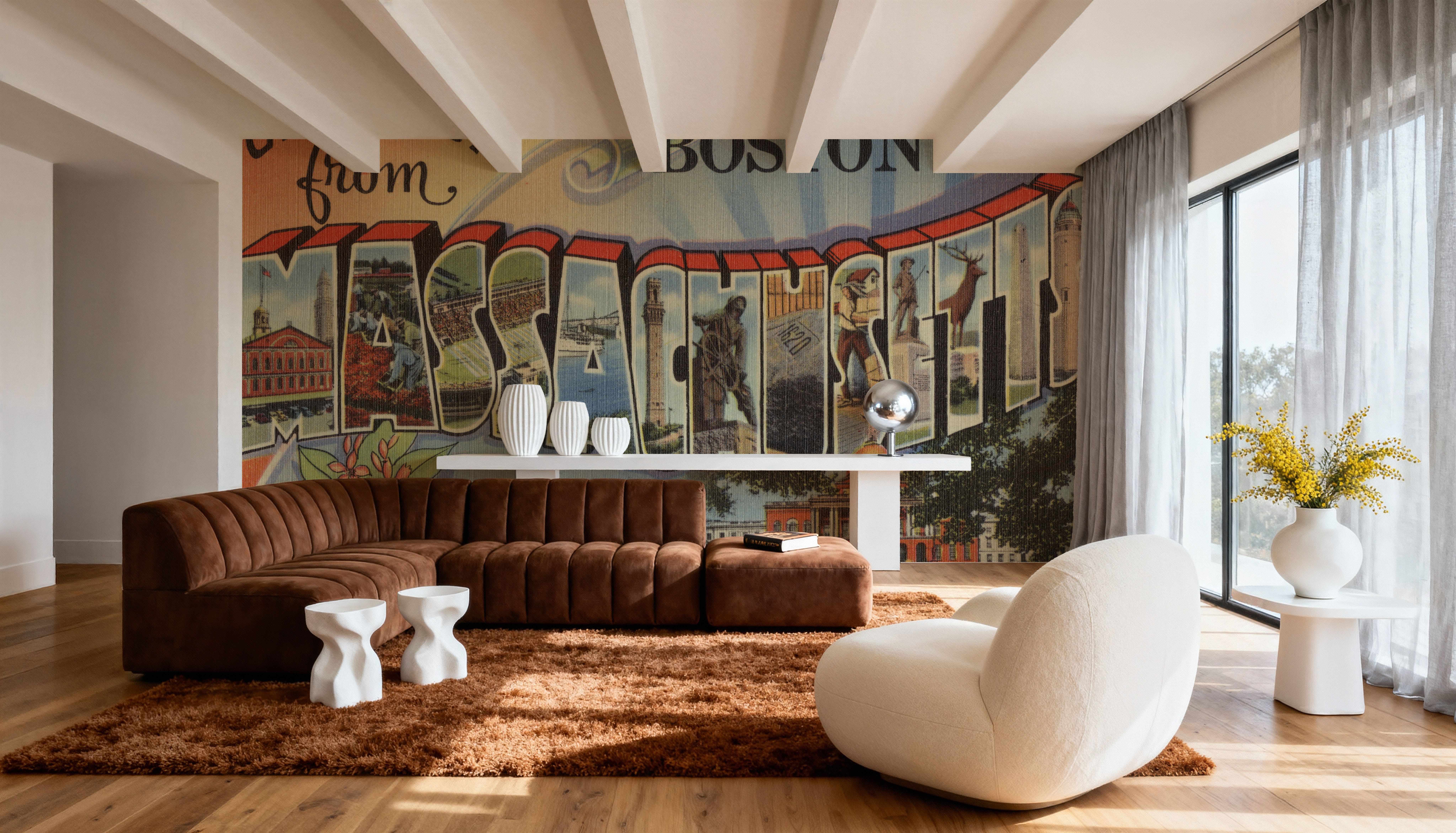 Greetings from Massachusetts - Screenprint Postcard, Wallpaper