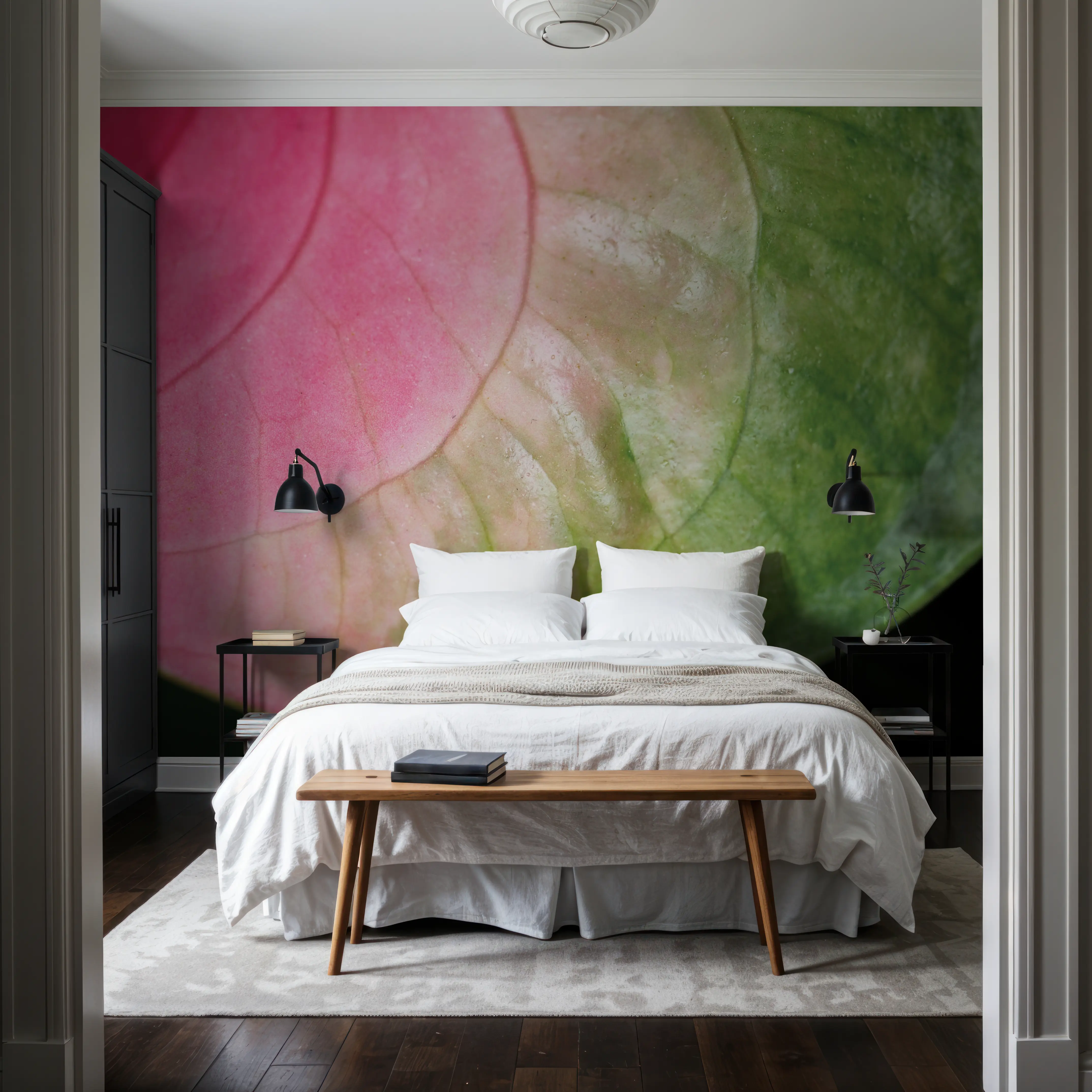 Fotobehang - Pink And Green - Bladeren Natuur Mural - Roze - Eetkamer - Wallism België - Zelfklevend of Vliesbehang