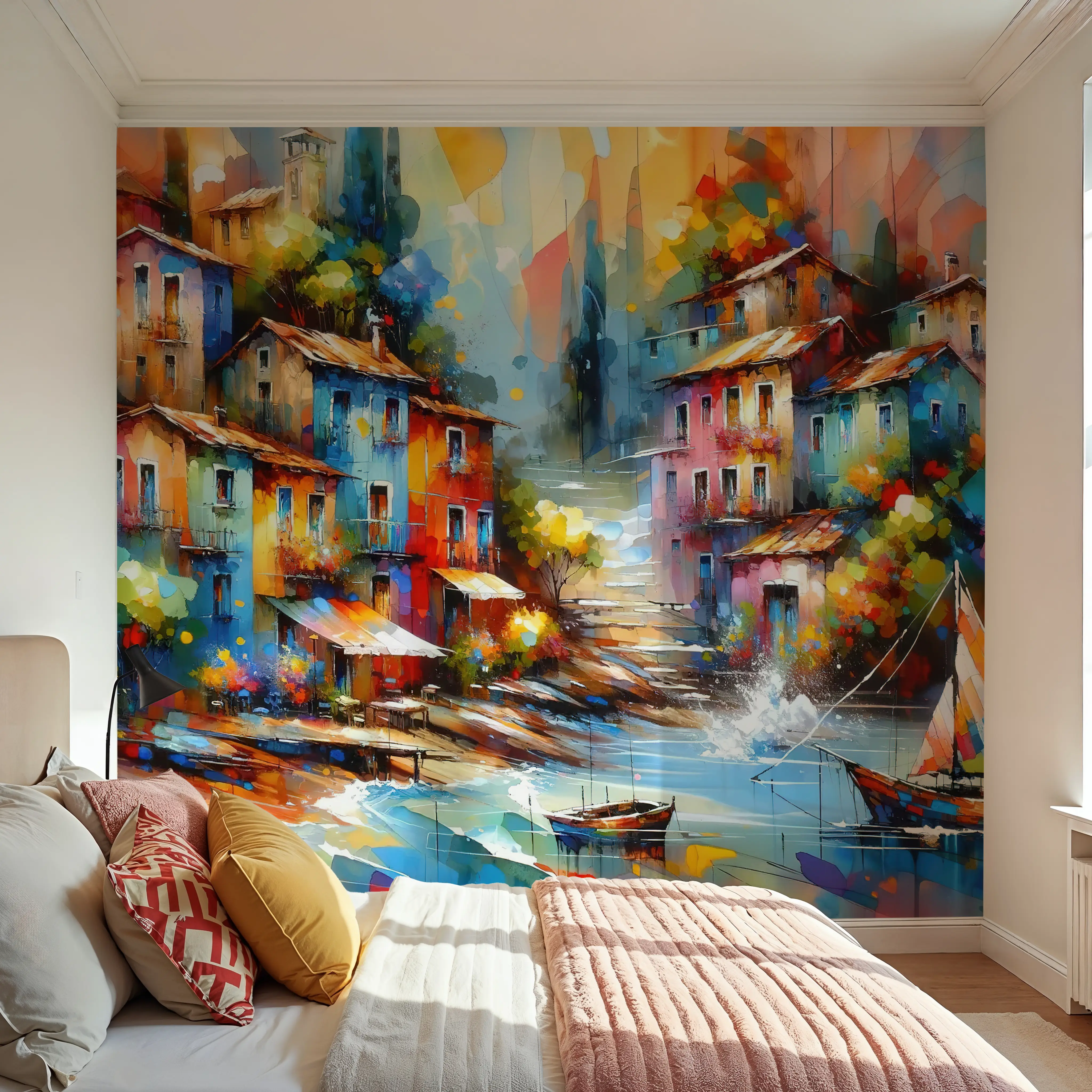 Fotobehang - Vibrant Seaside Life - Architectuur Hedendaagse Kunst Mural - Gangtrappen - Wallism België - Zelfklevend of Vliesbehang