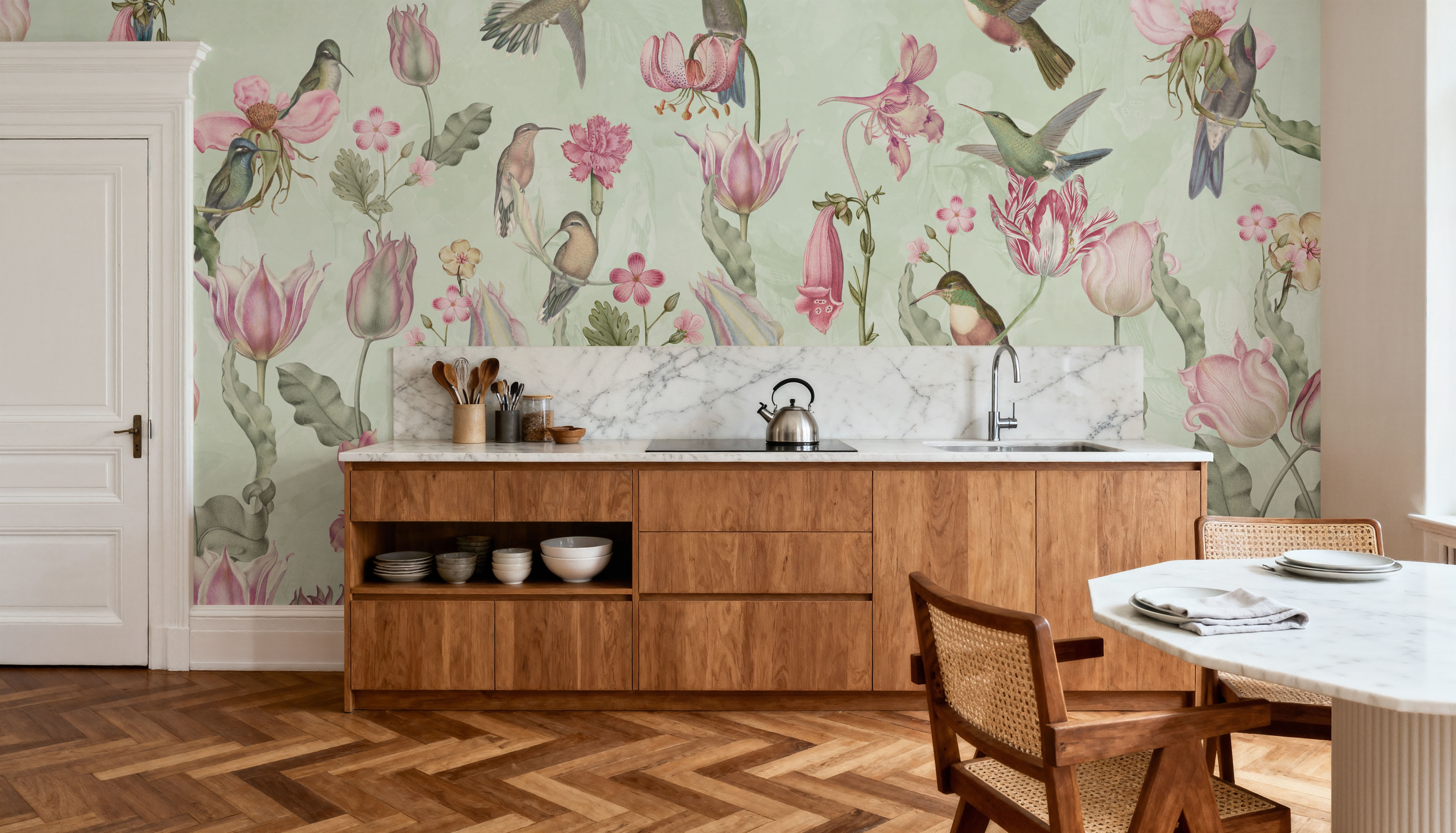 Tulips & Birds, Mint, Wallpaper