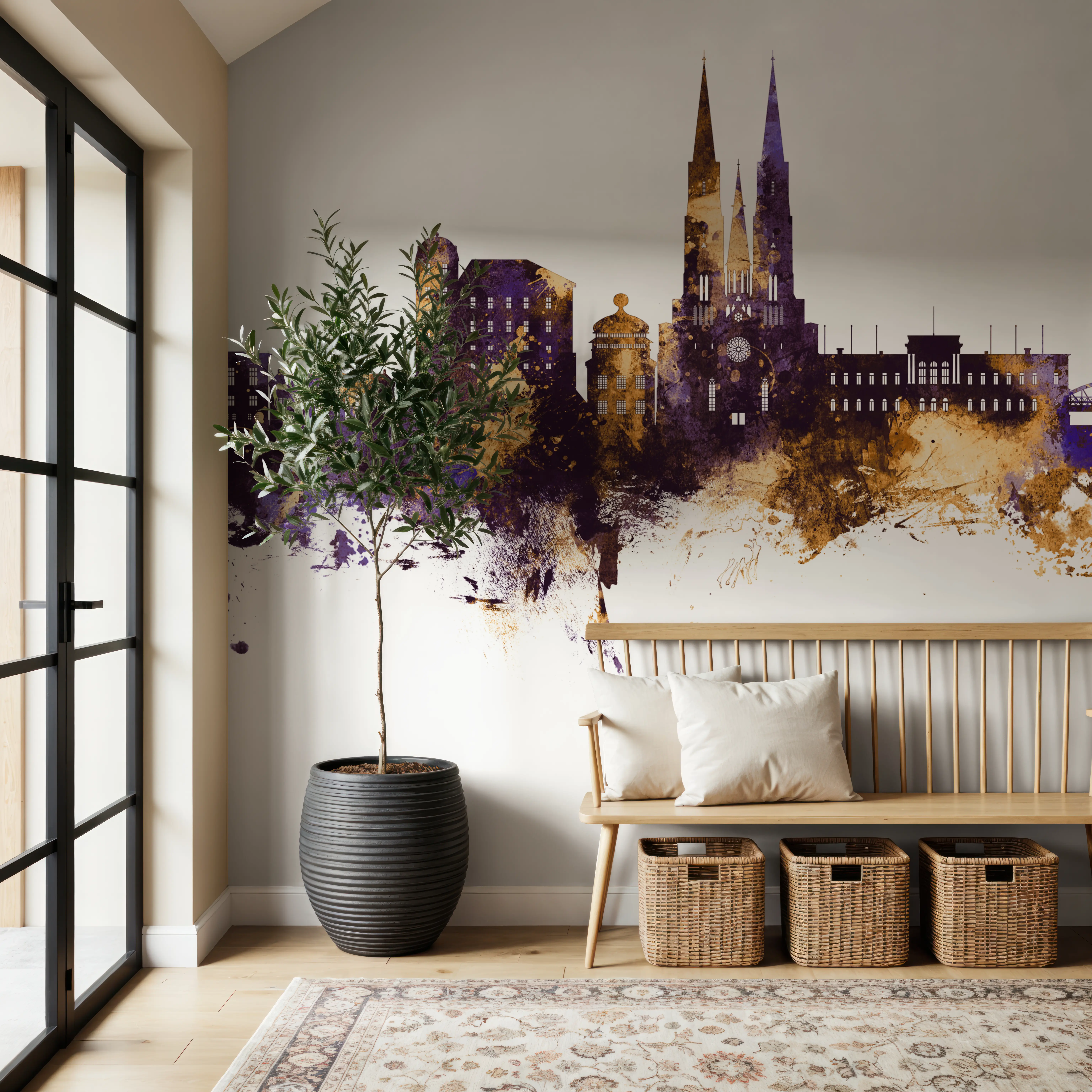 Fotobehang - Uppsala Skyline Purple & Gold - Architectuur Hedendaagse Kunst Mural - Bruin - Eetkamer - Wallism België - Zelfklevend of Vliesbehang