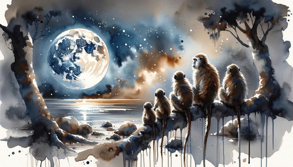 Monkey Family Night Giant Moon Watercolor