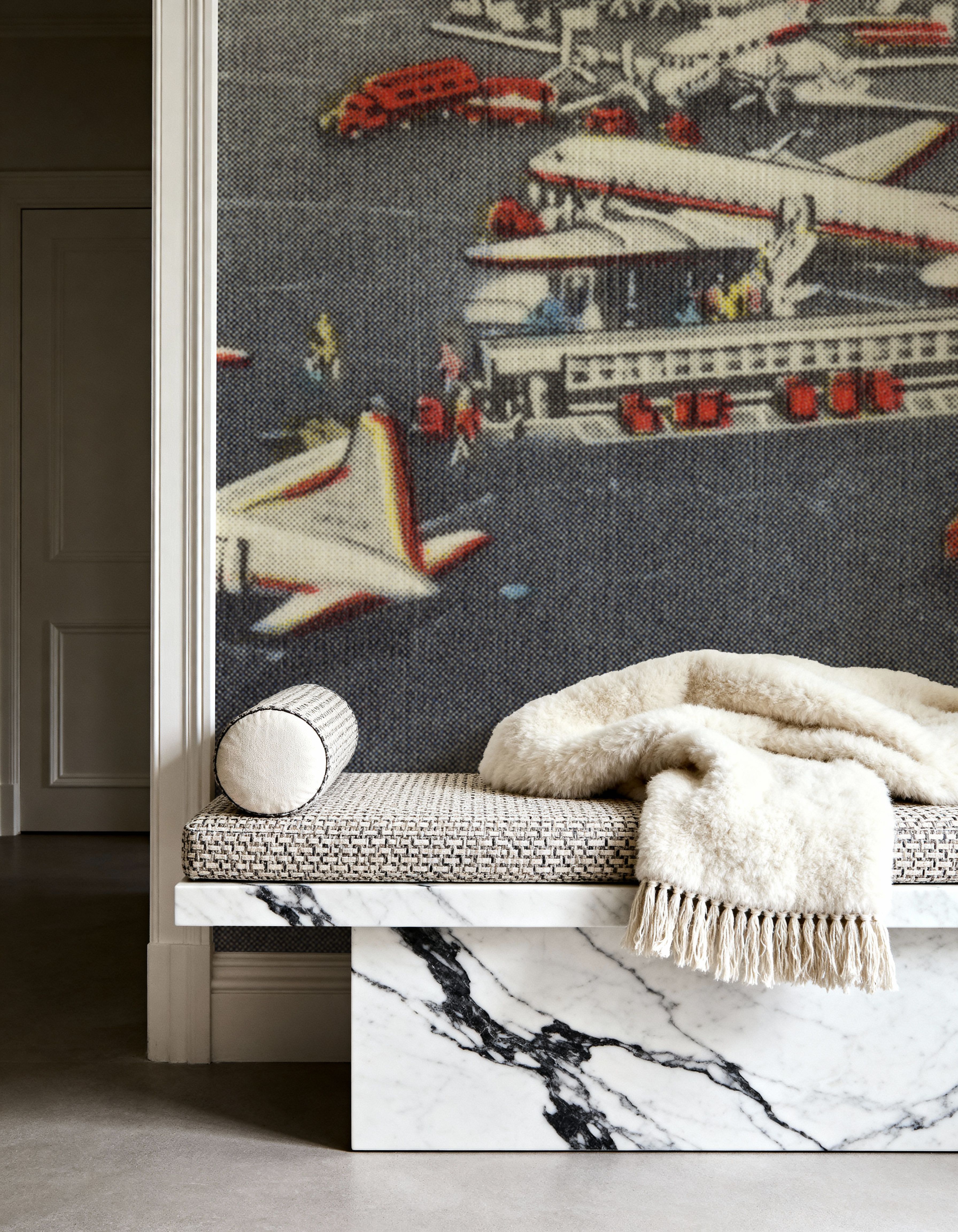 Wall Mural - Greetings from the Airport - Screenprint Postcard - Architecture Vehicles mural wallpaper - Gray - Dining Room - Wallism US