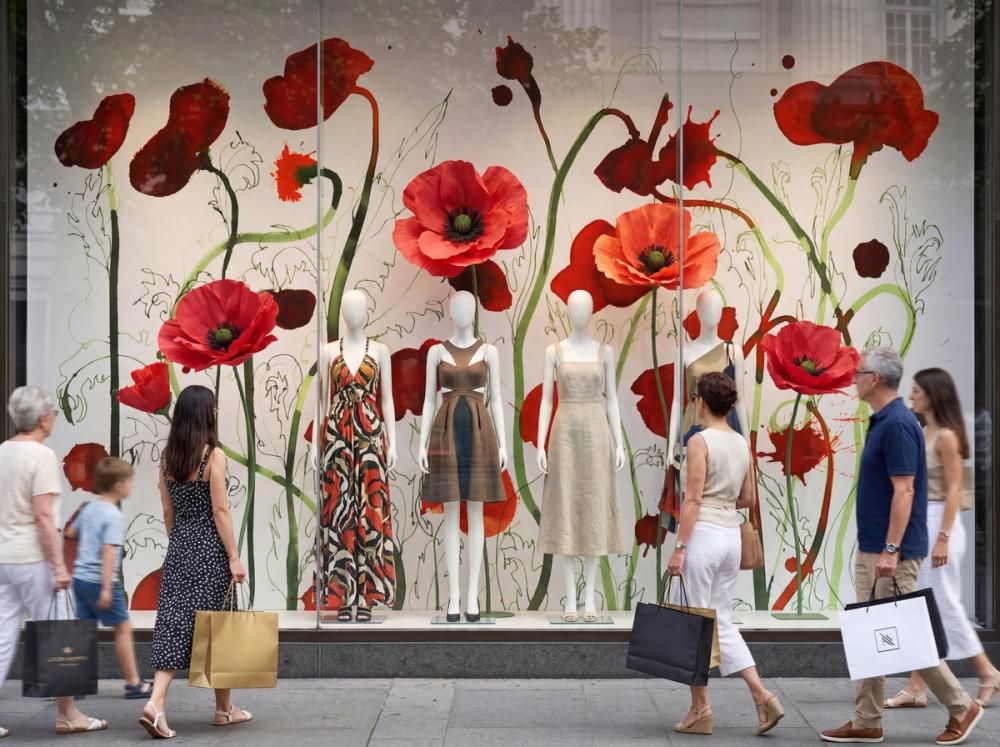a photo taken from the outside of a department store window display with large poppy flowers theme