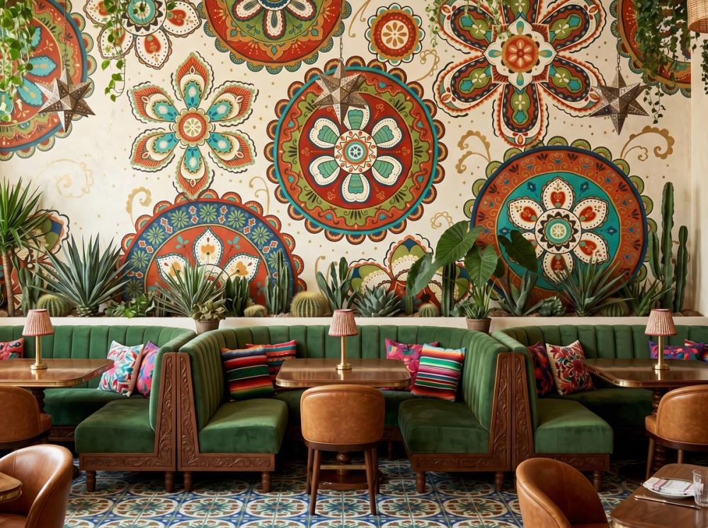 an interior photo of a mexican restaurant with traditional mexican pattern on the wall
