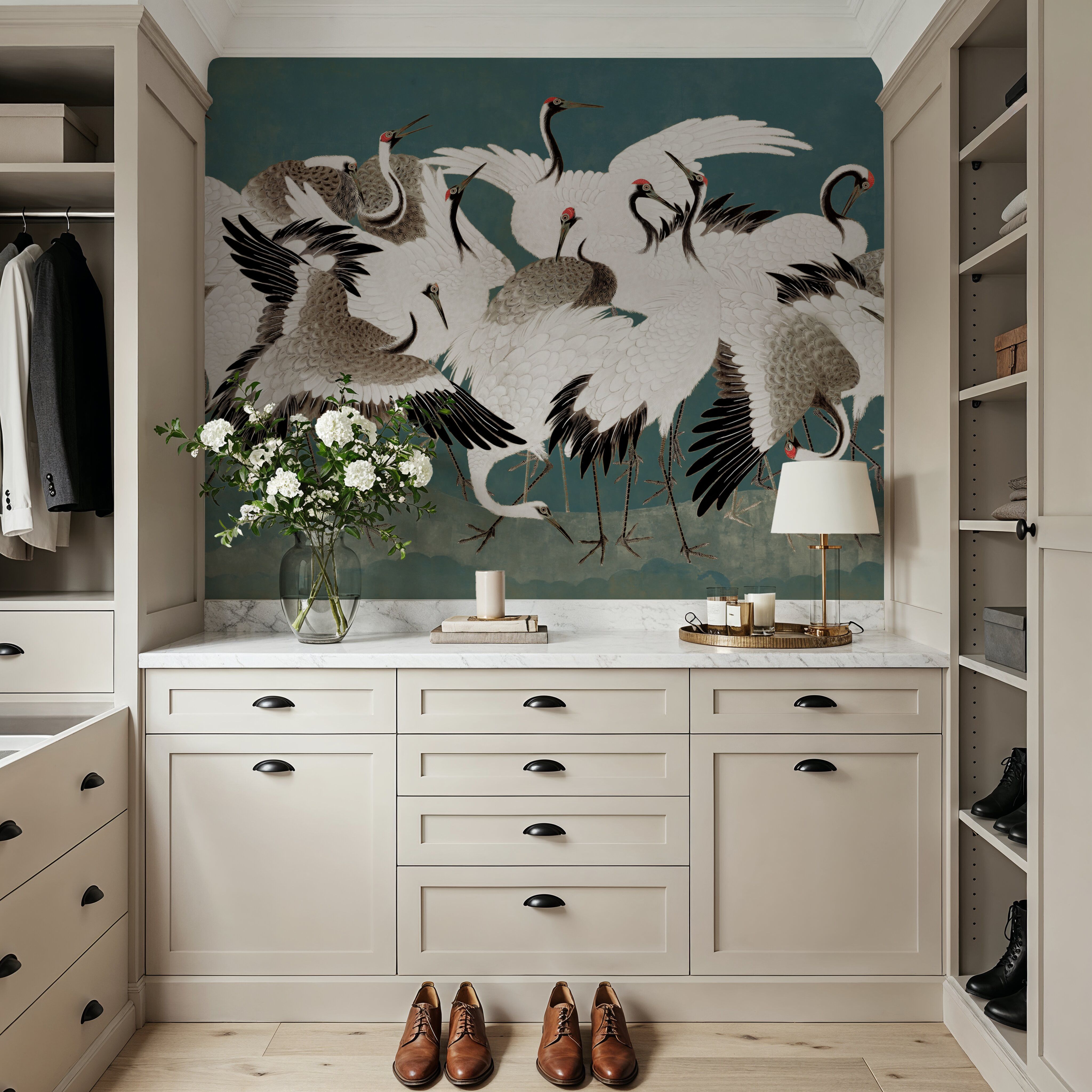 Japanese Flock of Cranes, Teal