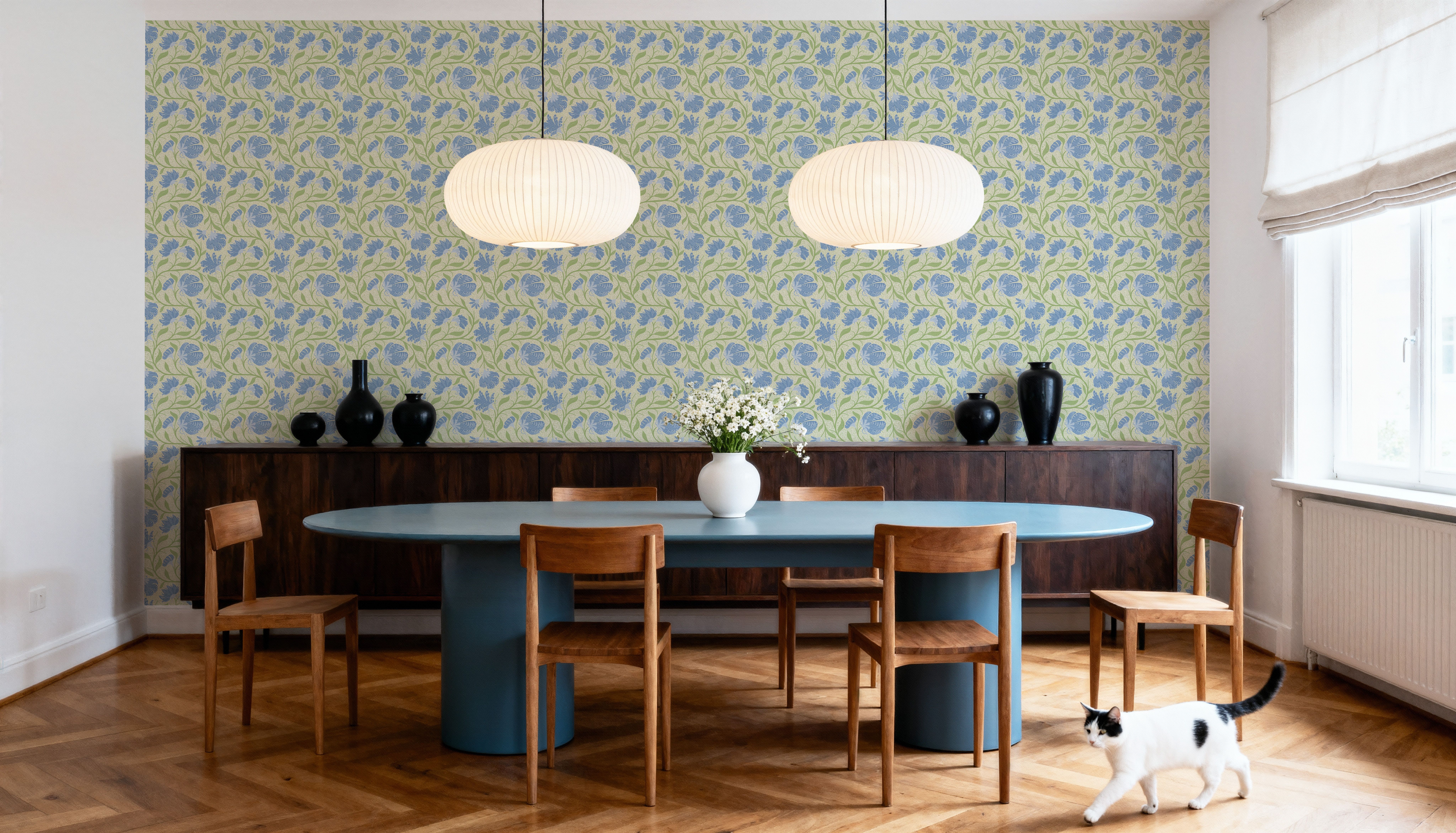 Indial Floral, Baby Blue on Light Green