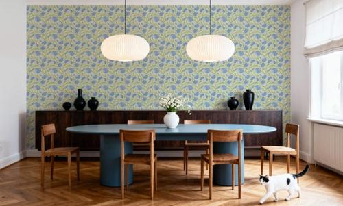 Indial Floral, Baby Blue on Light Green