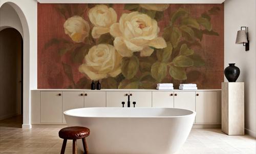 Peach Roses on Red