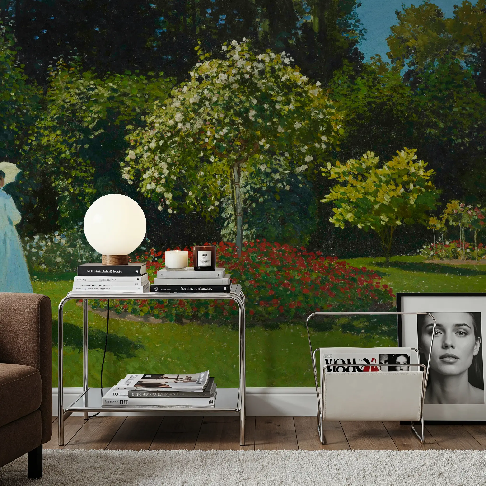 Fotobehang - Lady in the garden - Bloemen Landschappen Mural - Groen - Eetkamer - Wallism België - Zelfklevend of Vliesbehang
