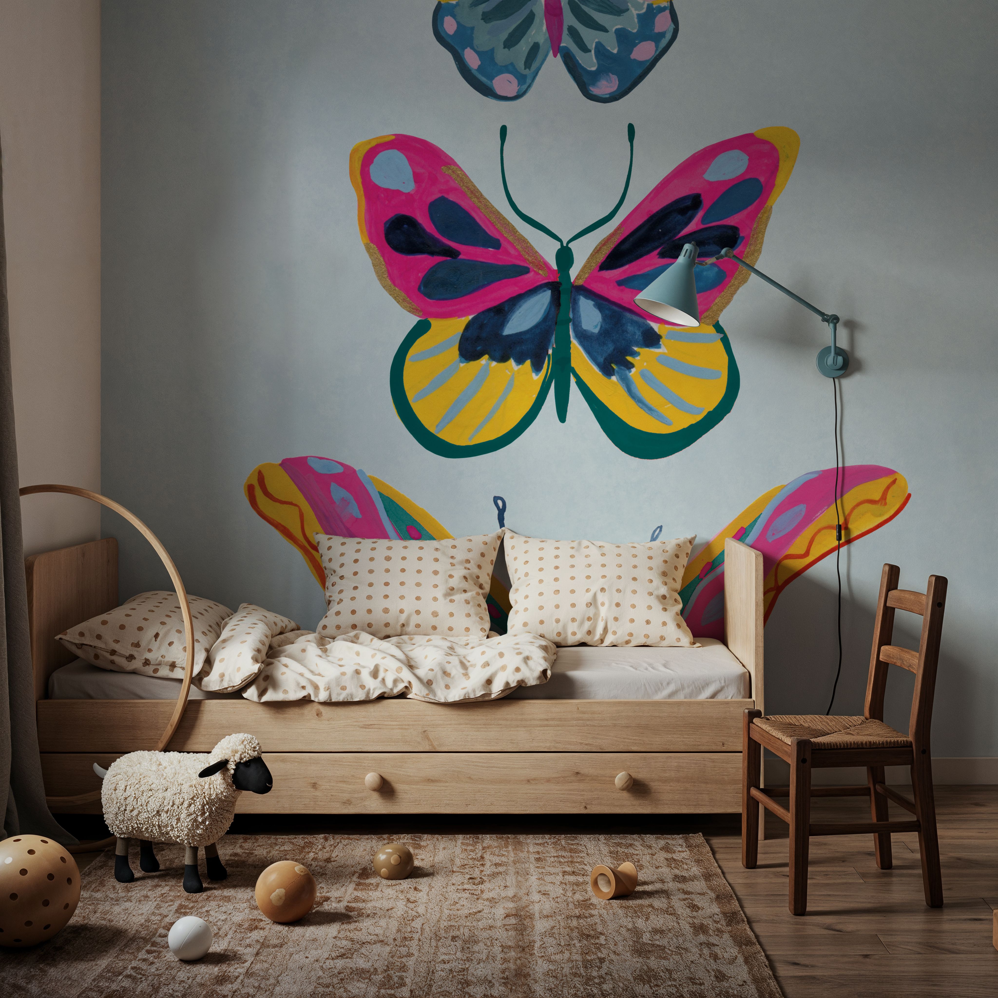 Wall Mural - Fluttering I Blue - Insects Animals mural wallpaper - Kids' Room - Wallism US - Premium, Textured or Peel & Stick