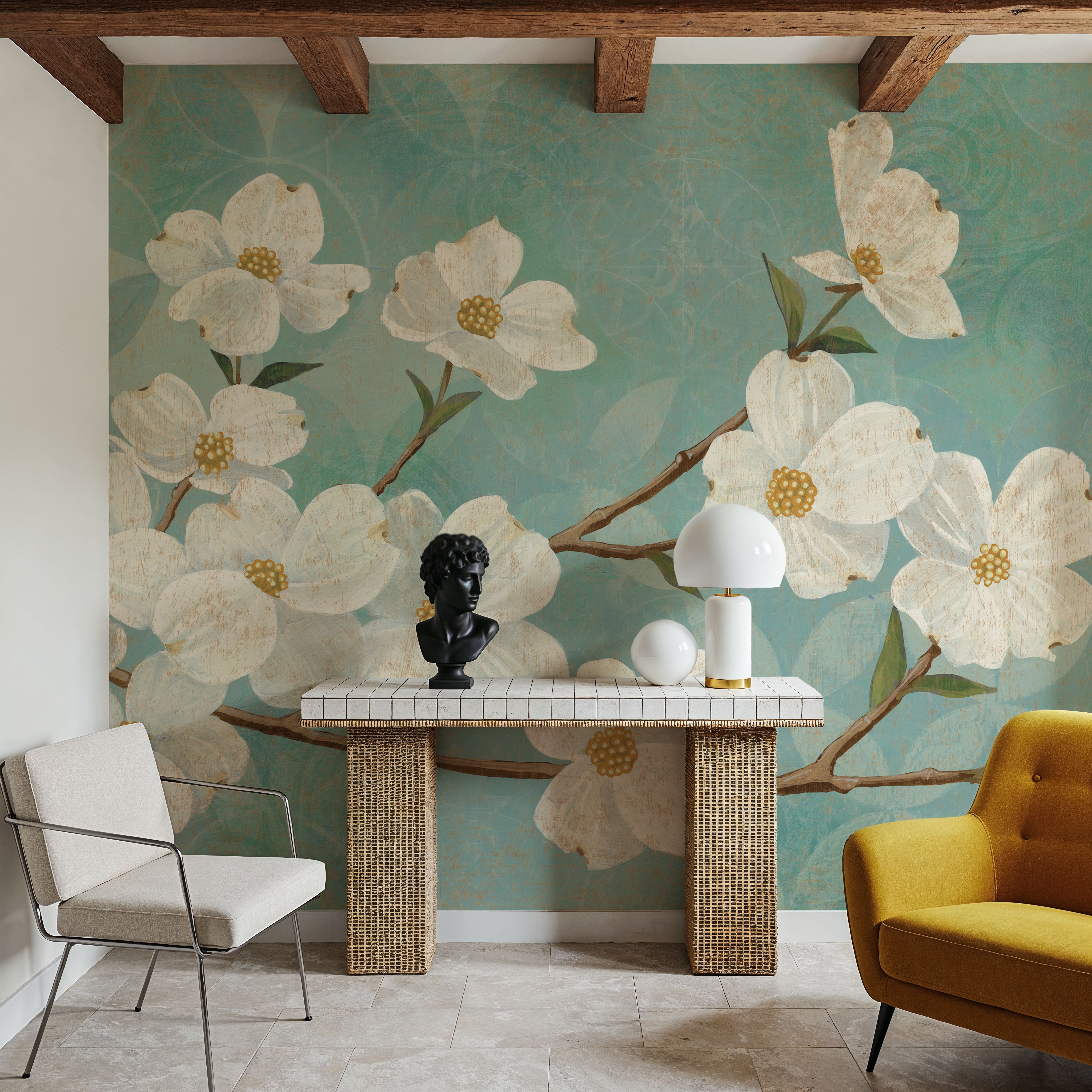 Wall Mural - Kimono Blossoms - Circles Contemporary mural wallpaper - Living room - Wallism US - Premium, Textured or Peel & Stick