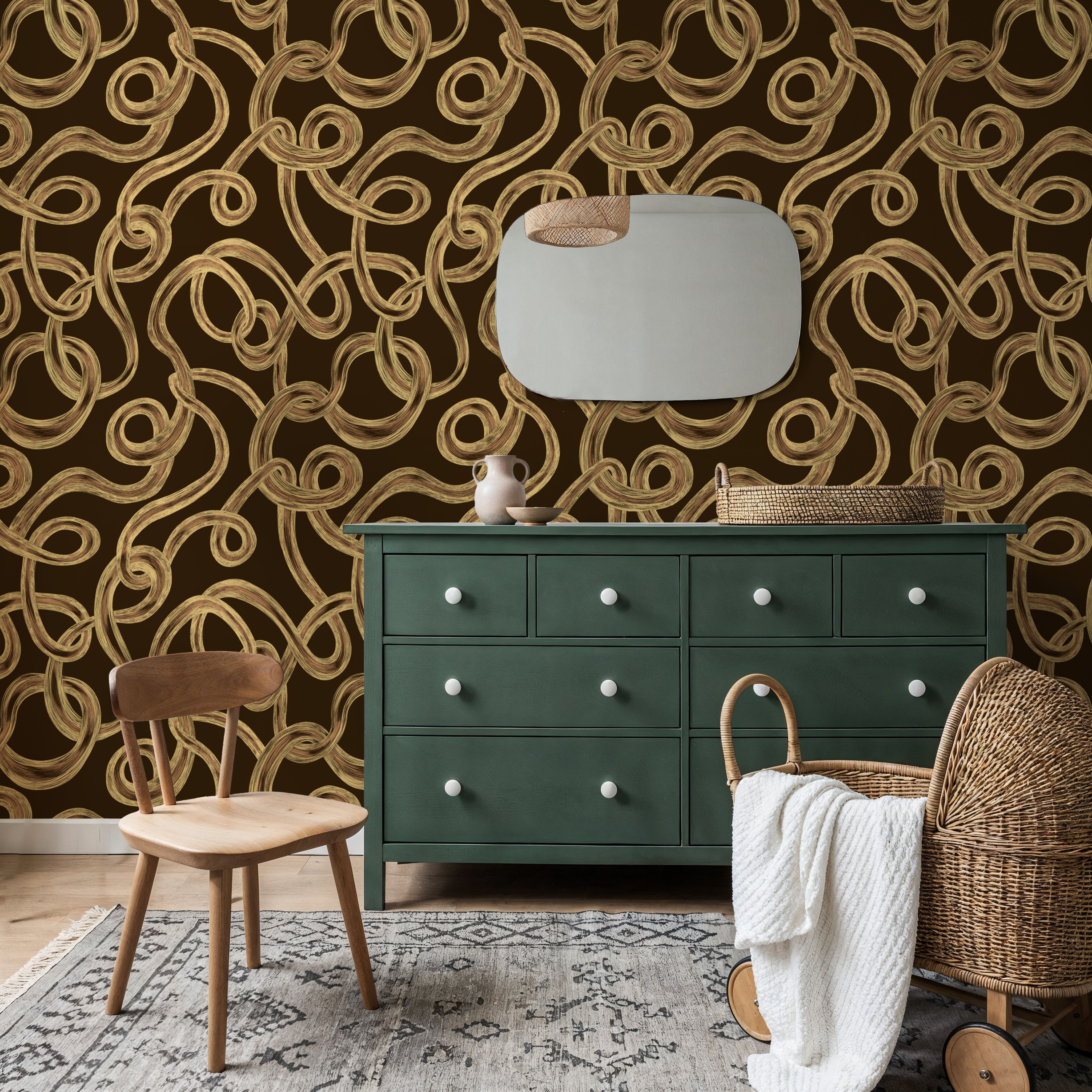 Swirl, Yellow on Brown, Wallpaper