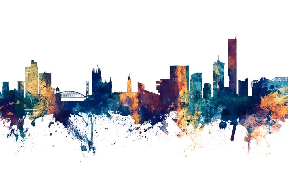 Manchester England Skyline Blue & Bronze