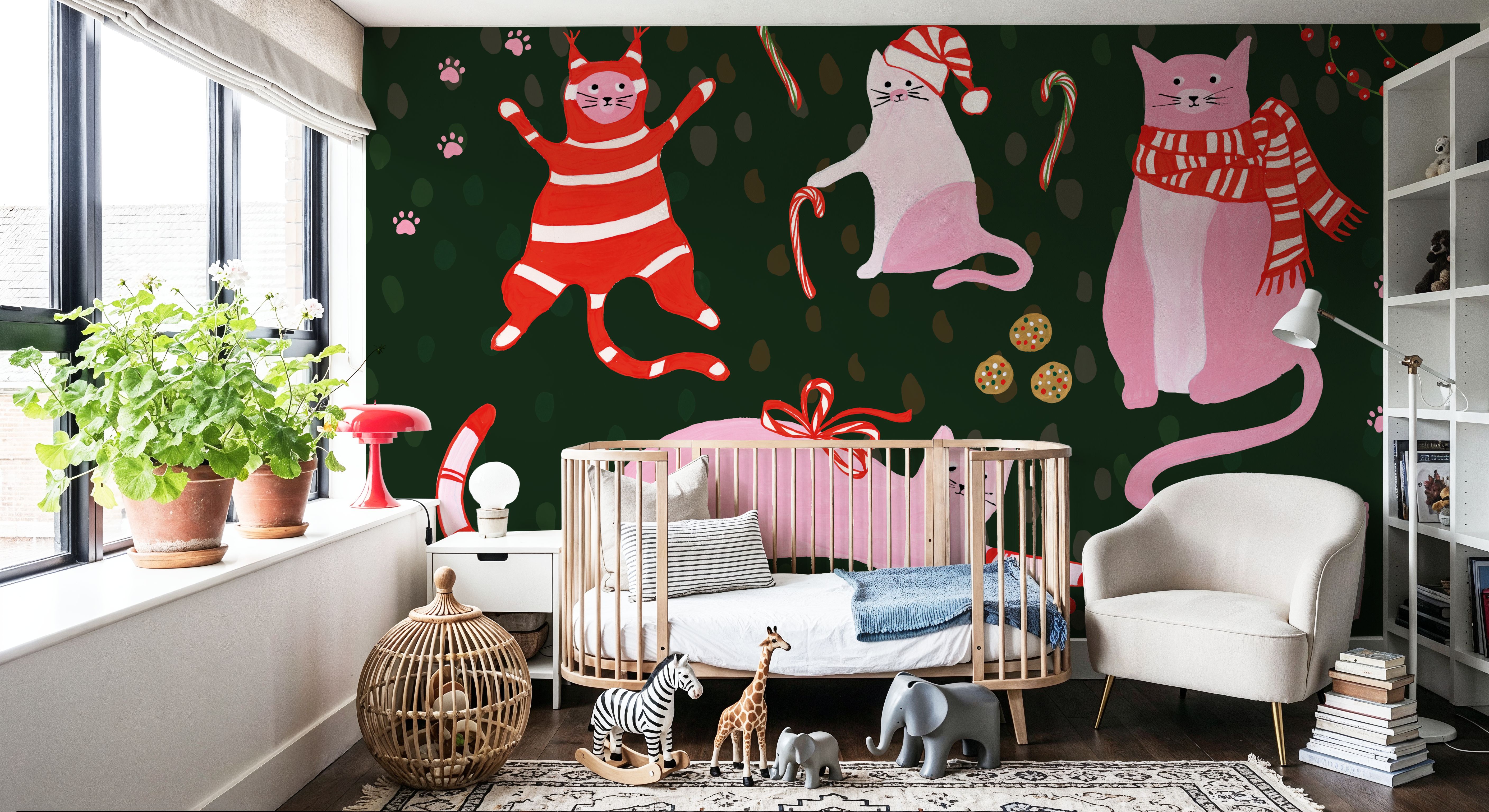 Wall Mural - Mischief Kitty Christmas I - Holiday Animals mural wallpaper - Pink - Kids' Room - Wallism US - Premium, Textured or Peel & Stick