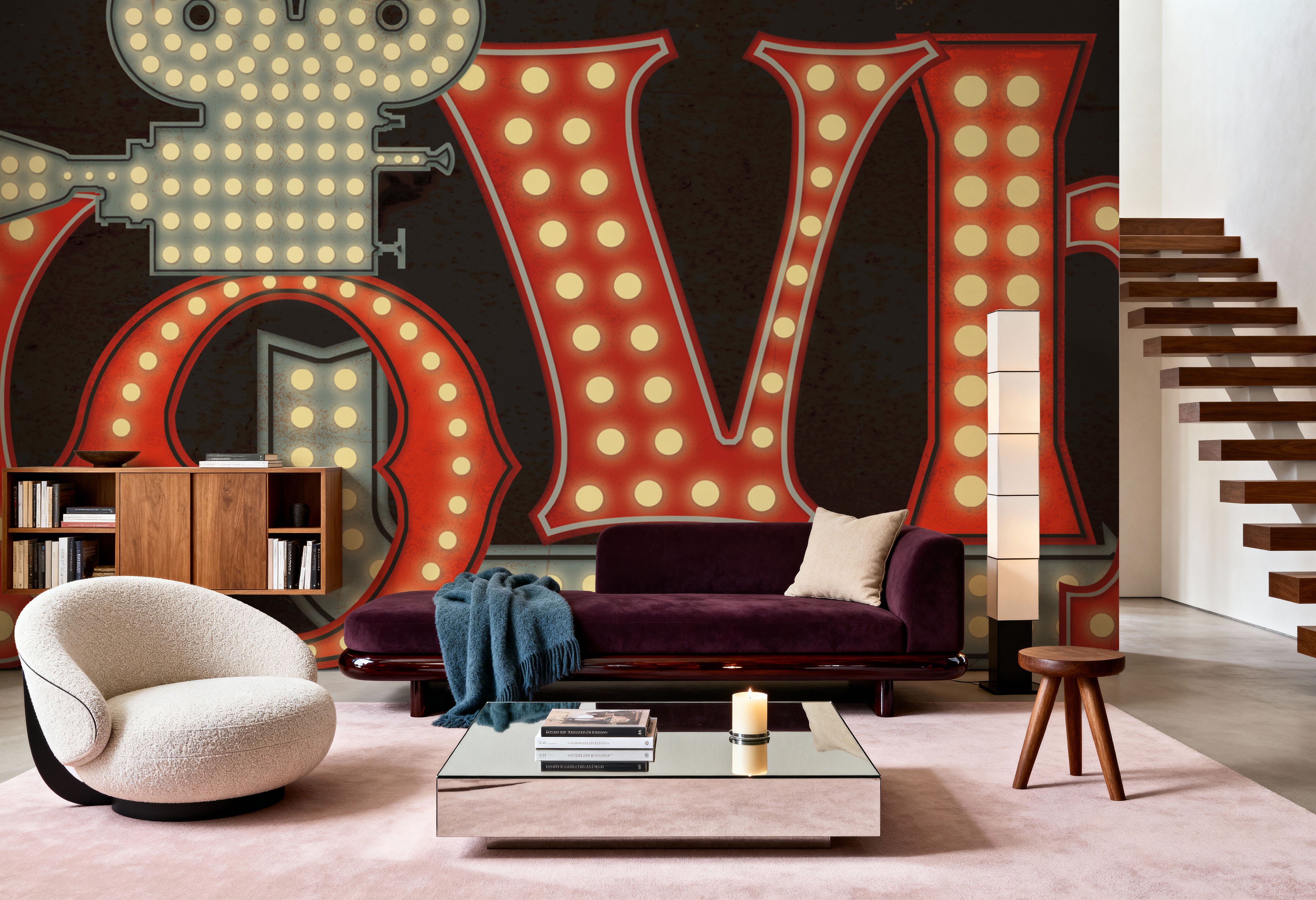 Wall Mural - Movie Lights II - Graphics Movies mural wallpaper - Red - Bedroom - Wallism UK - Premium, Textured or Peel & Stick