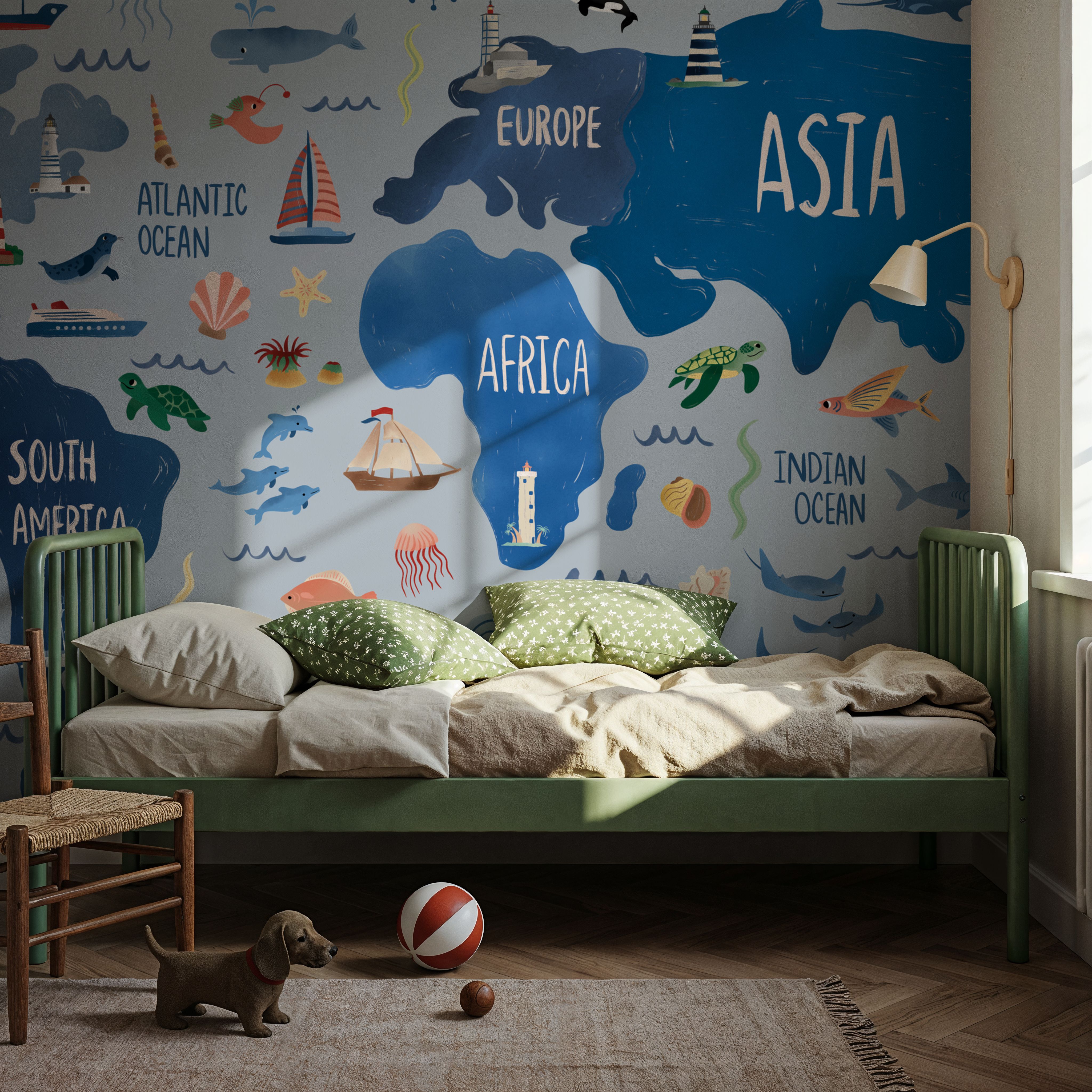 Papier Peint Panoramique - Nautical World Map - Mer Monde - Bleu - chambre d'enfant - Wallism Belgique - Encollage au mur ou Autocollant
