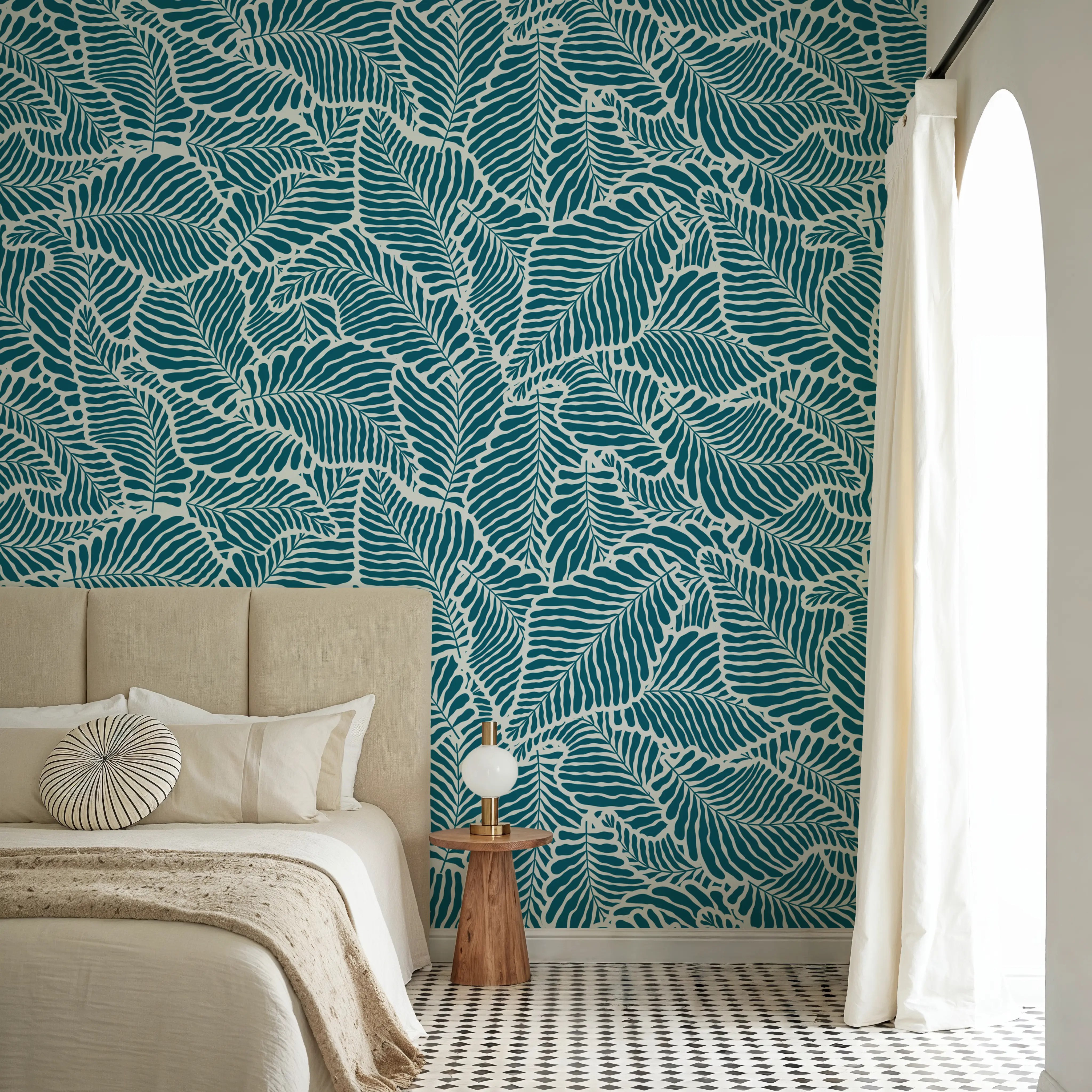 Behang - Fern Cut-Outs Pattern, Teal - Abstract Kunst Grafische Kunst - Blauw - Eetkamer - Wallism België - Zelfklevend of Vliesbehang