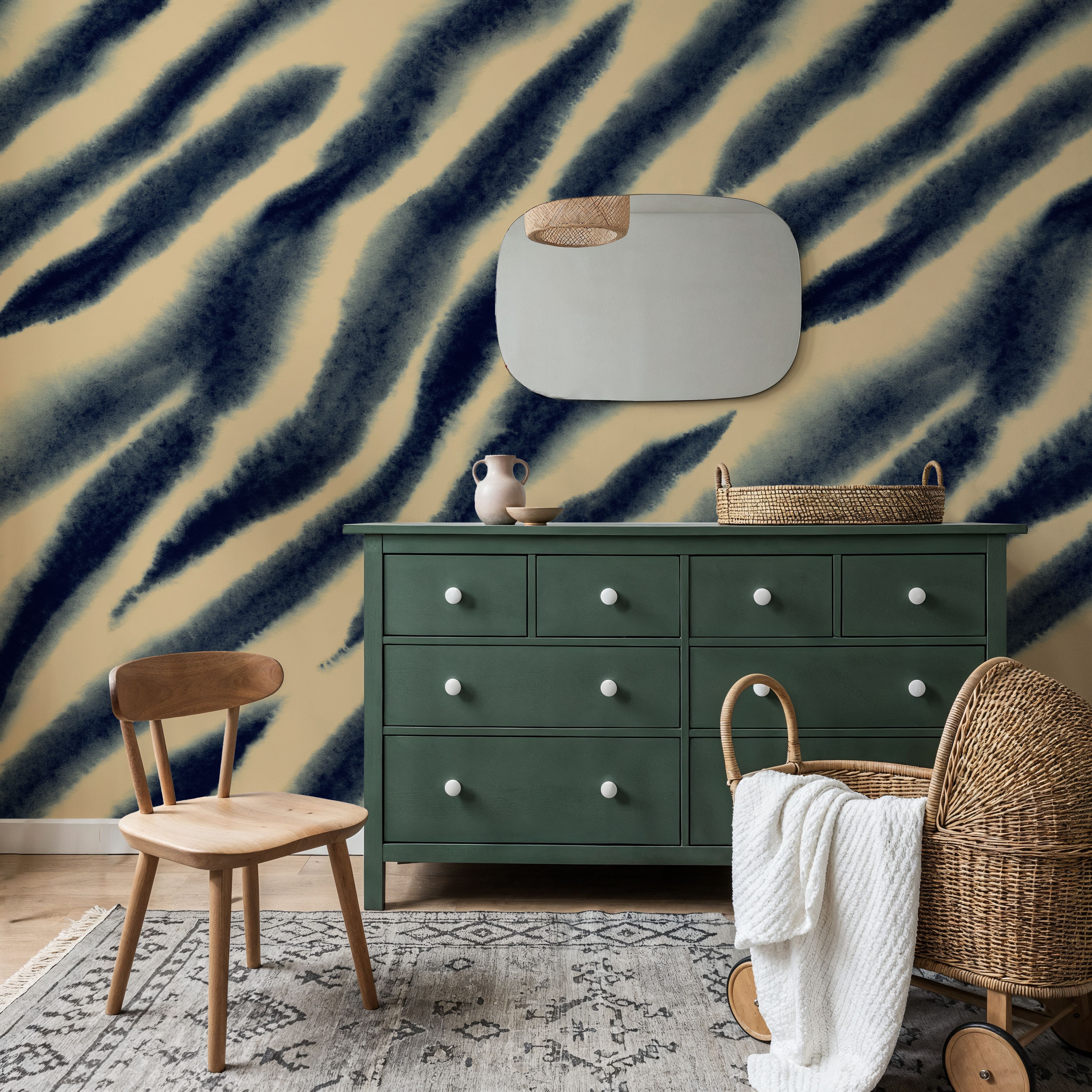 Watercolor Tiger Stripes, Blue on Beige