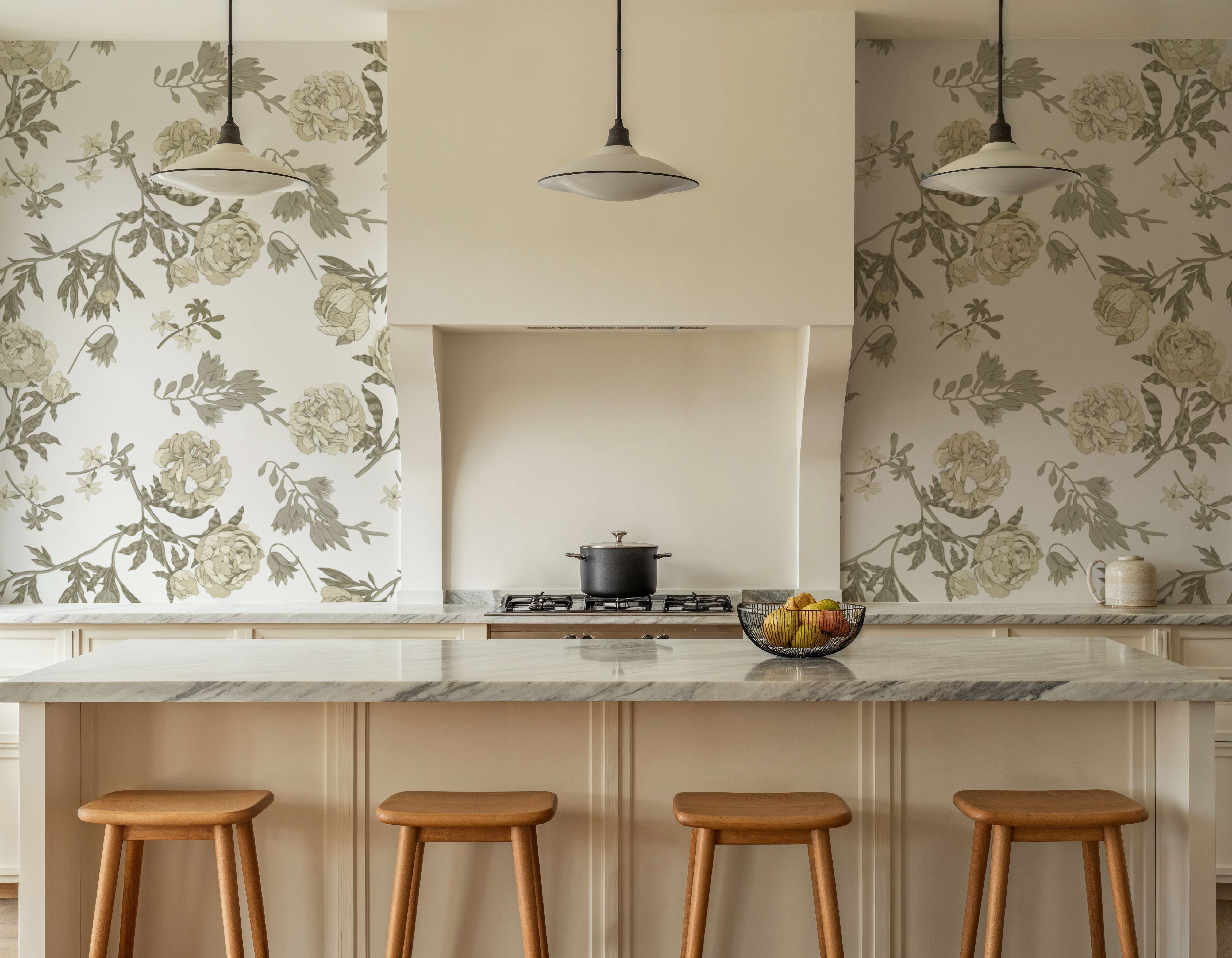 Peony Passion, Khaki on White