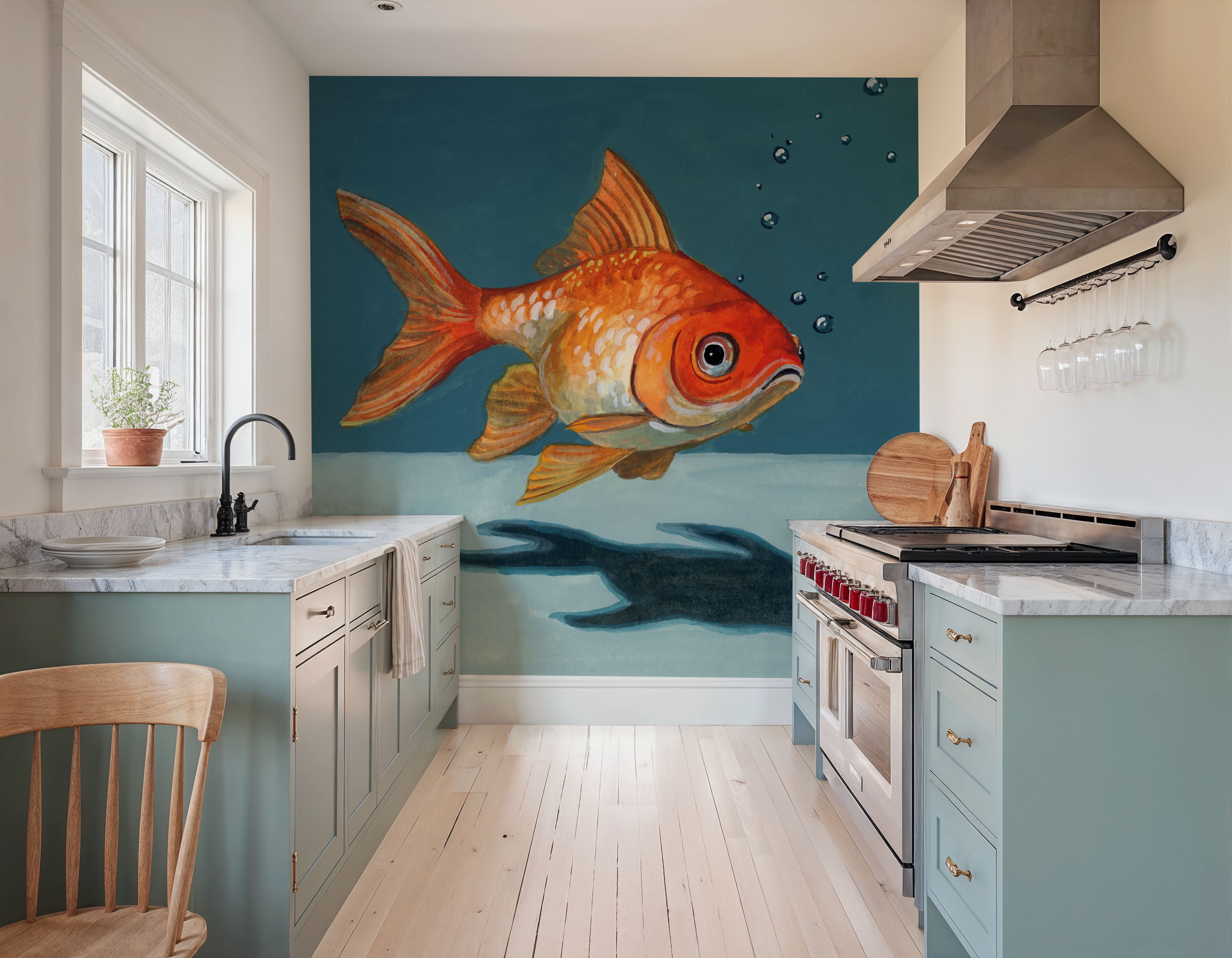 Wall Mural - Goldfish Chillin - Contemporary Pets mural wallpaper - Hallway staircases - Wallism US - Premium, Textured or Peel & Stick