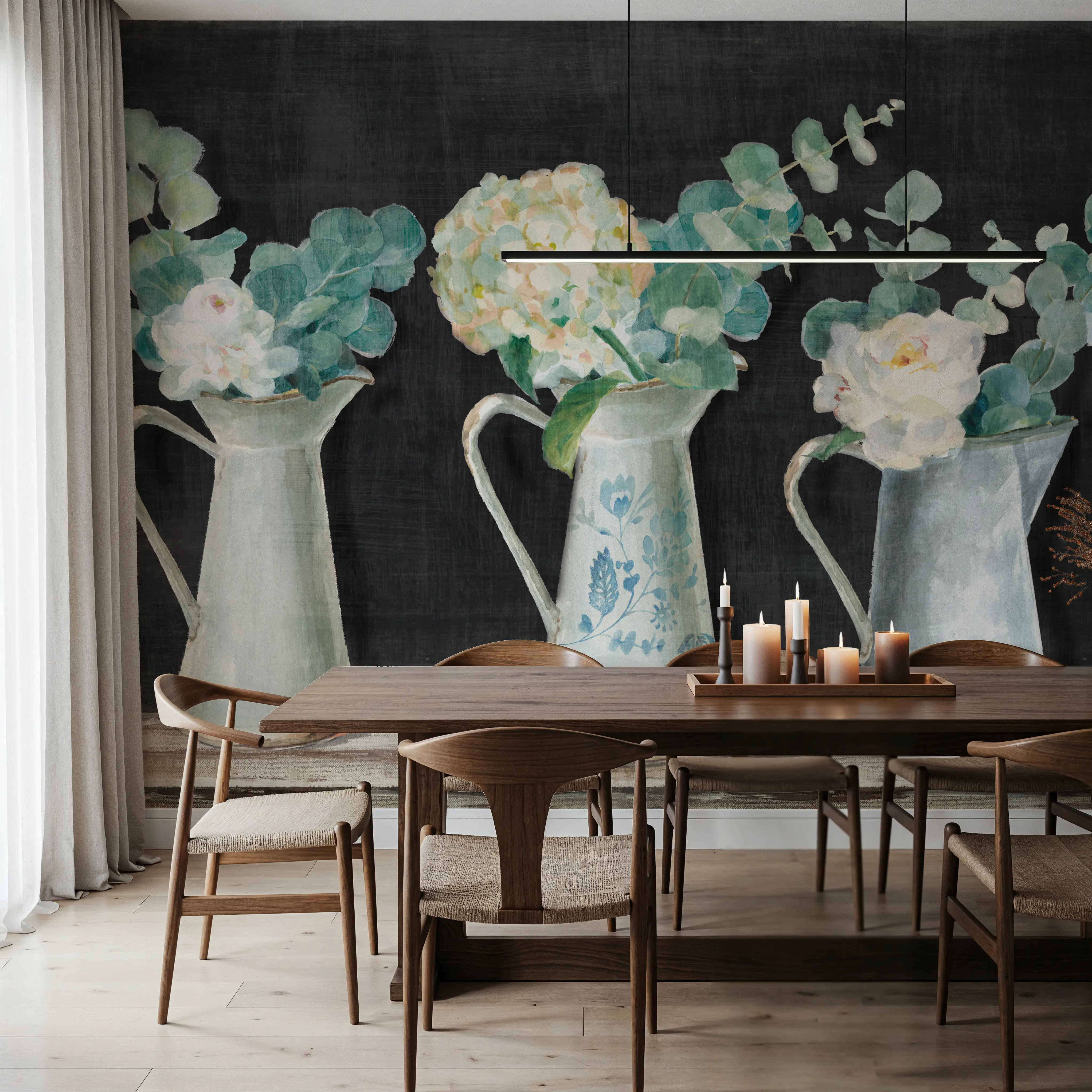 Papier Peint Panoramique - Farmhouse Flowers - Floral Feuillage - Vert - Bureaux - Wallism Belgique - Encollage au mur ou Autocollant