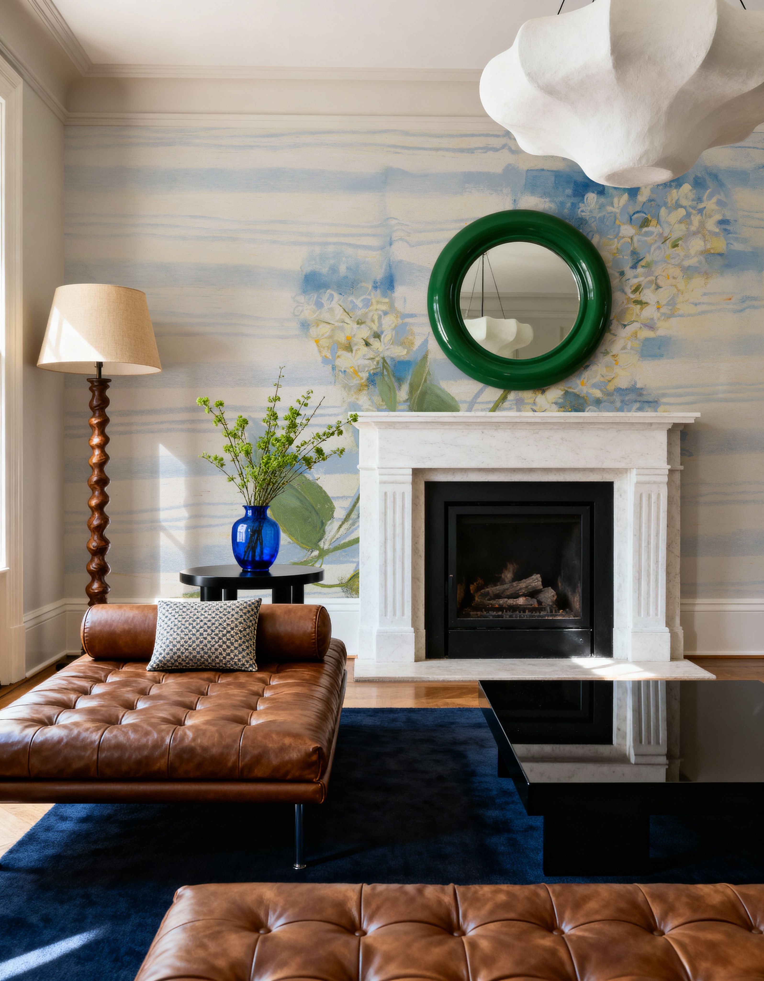 Wall Mural - Lilac on Blue Stripe - Floral Nature mural wallpaper - Offices - Wallism US - Premium, Textured or Peel & Stick