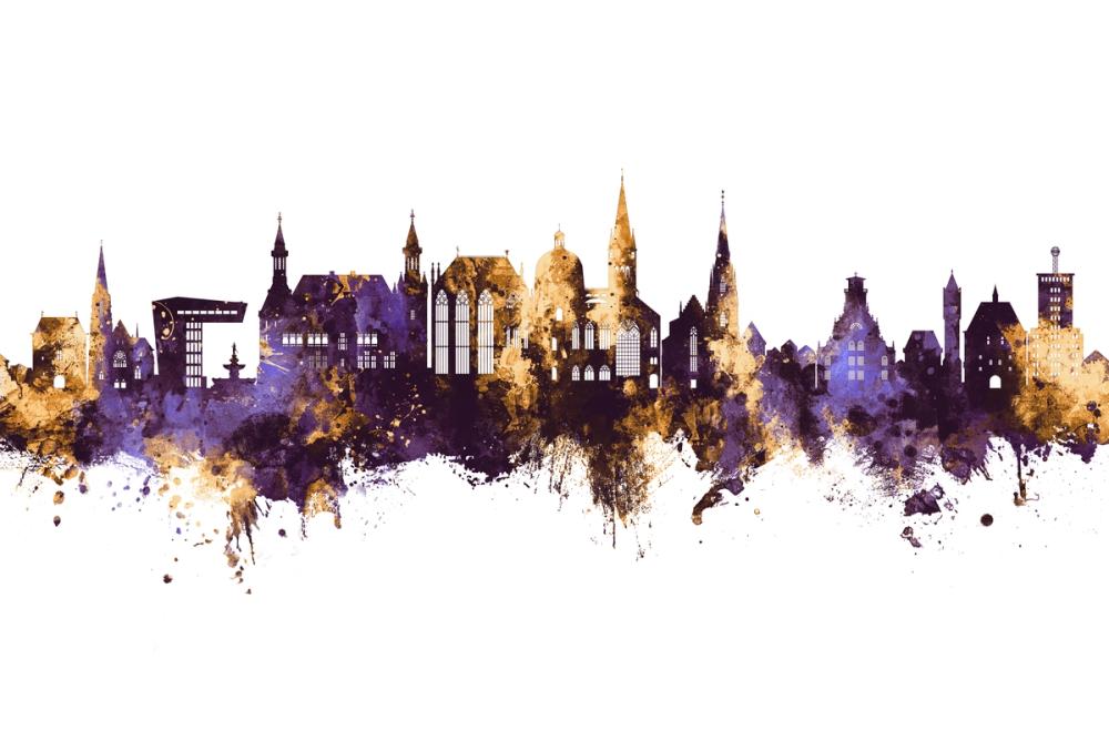 Aachen Germany Skyline Purple & Gold