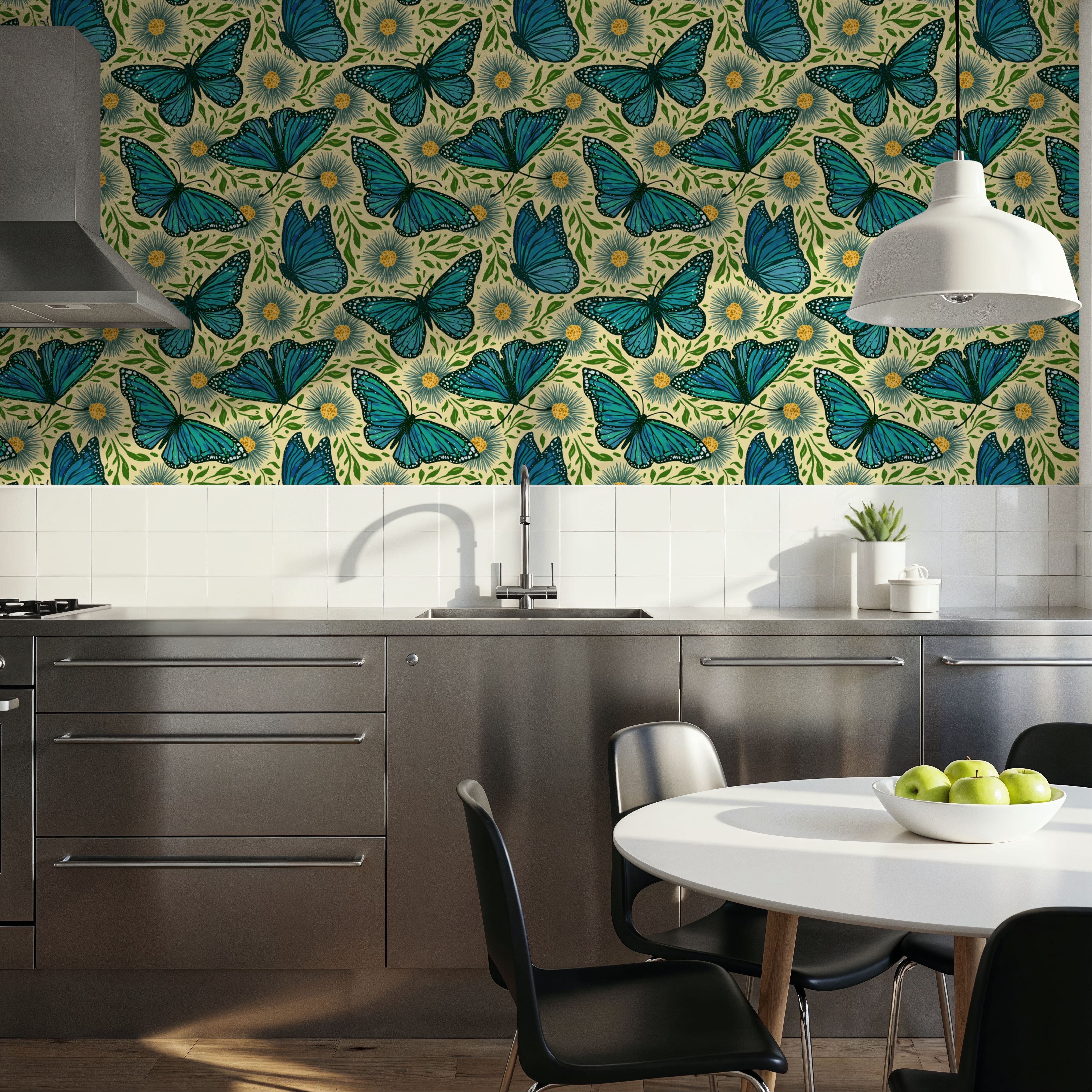 Papillion II, Aqua on Cream, Wallpaper