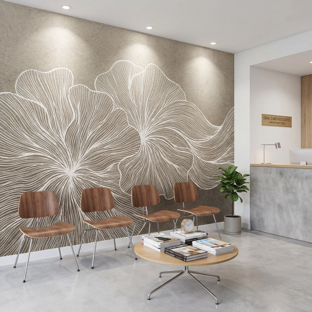 dental office waiting room with abstract mural on the wall