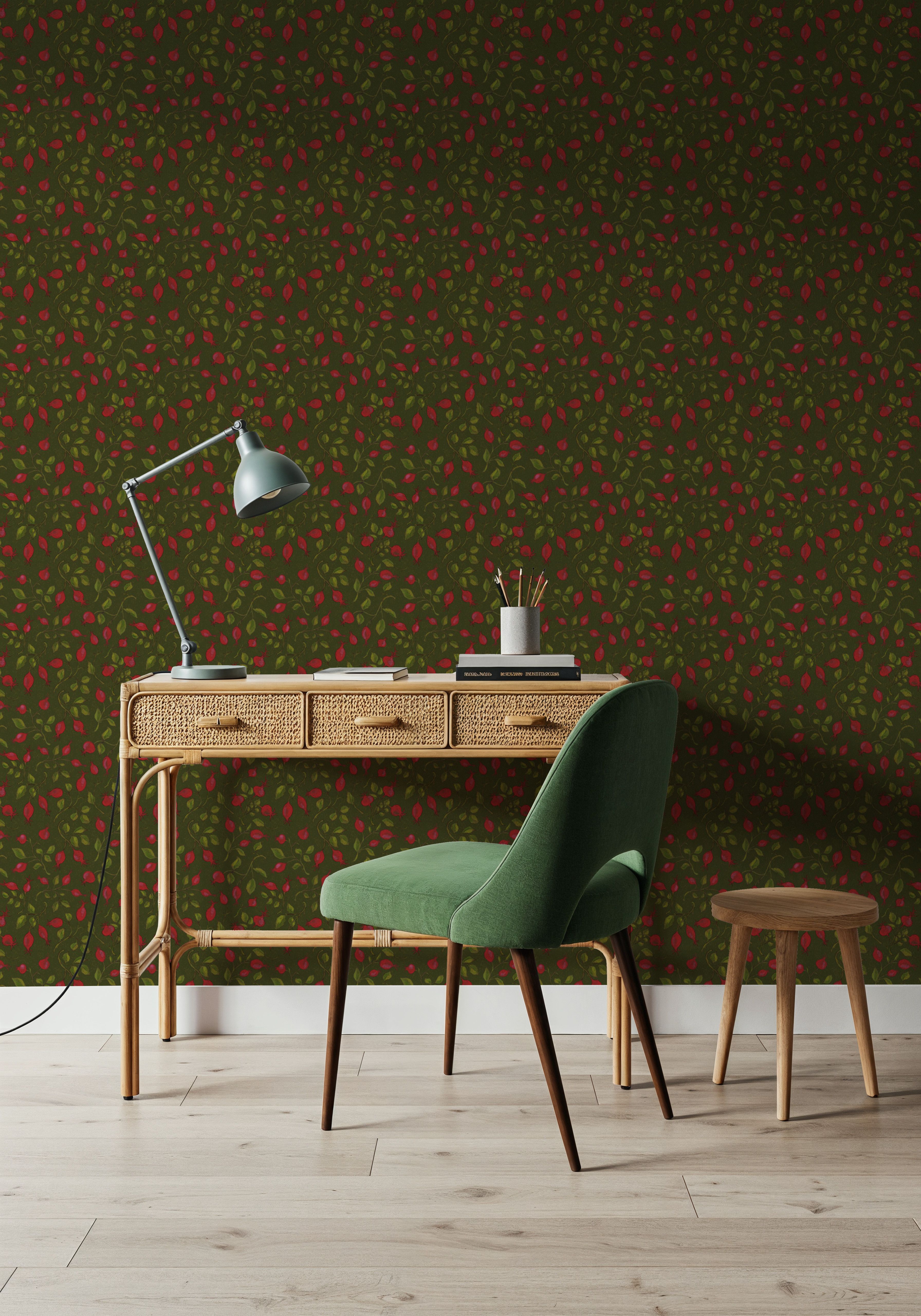 Rosehips, Coral on Olive