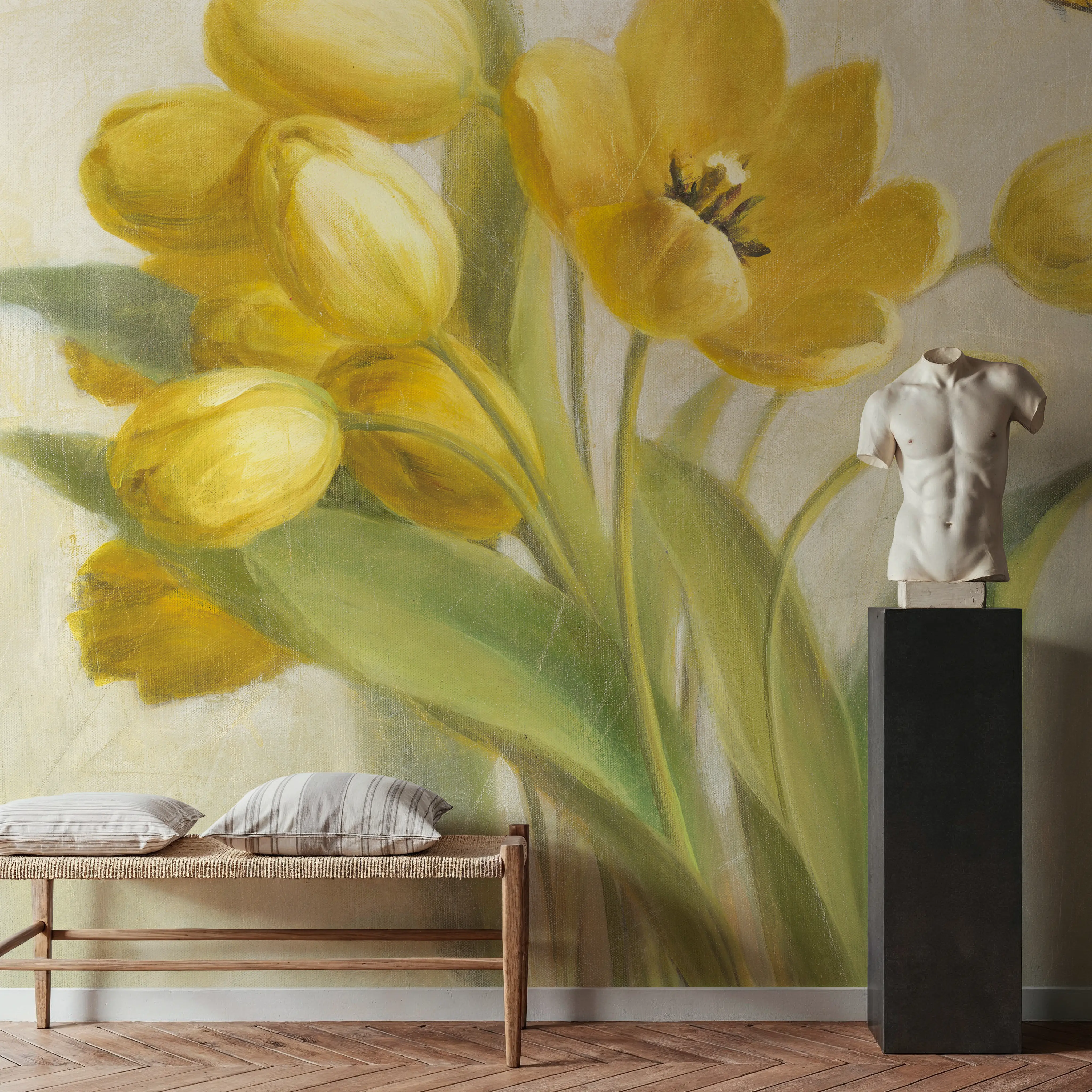 Papier Peint Panoramique - Yellow French Tulips - Floral Animaux - Jaune - Salle à manger - Wallism Belgique - Encollage au mur ou Autocollant